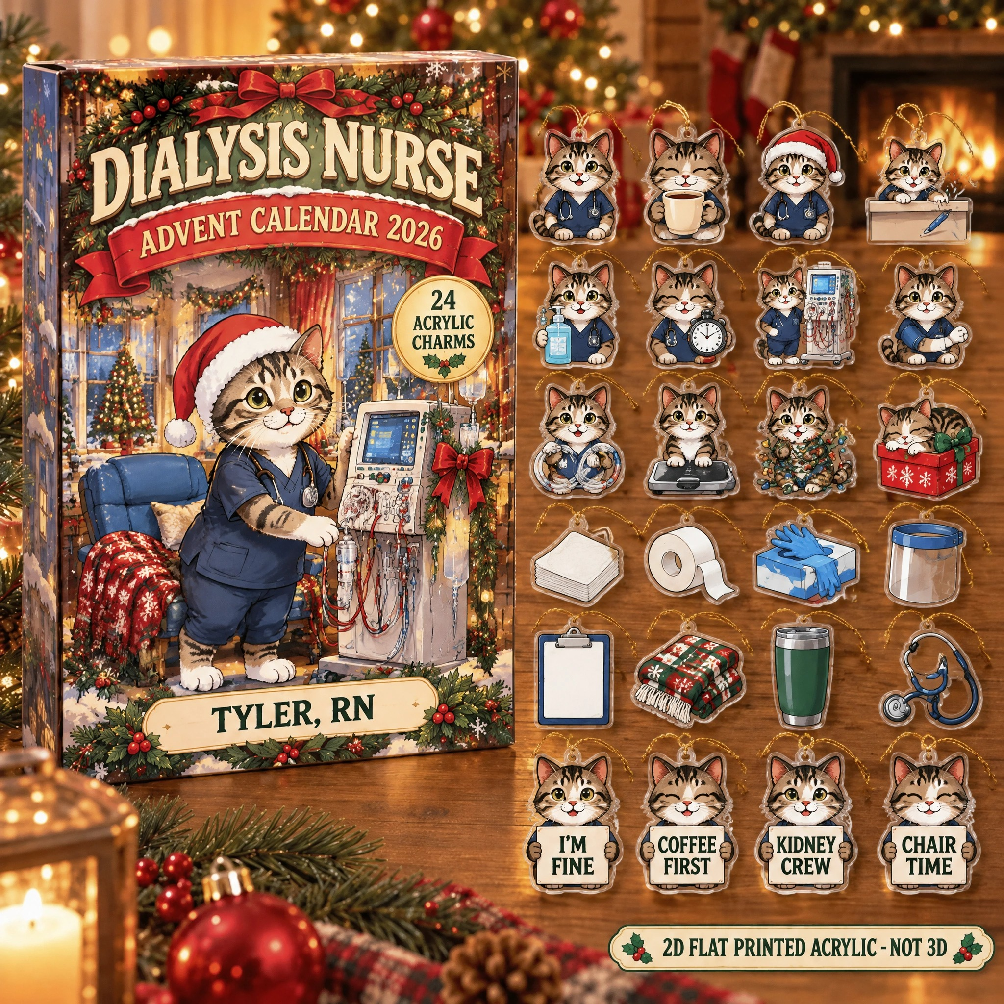 Personalized Dialysis Nurse Cat advent calendar box with 24 flat acrylic Christmas charms