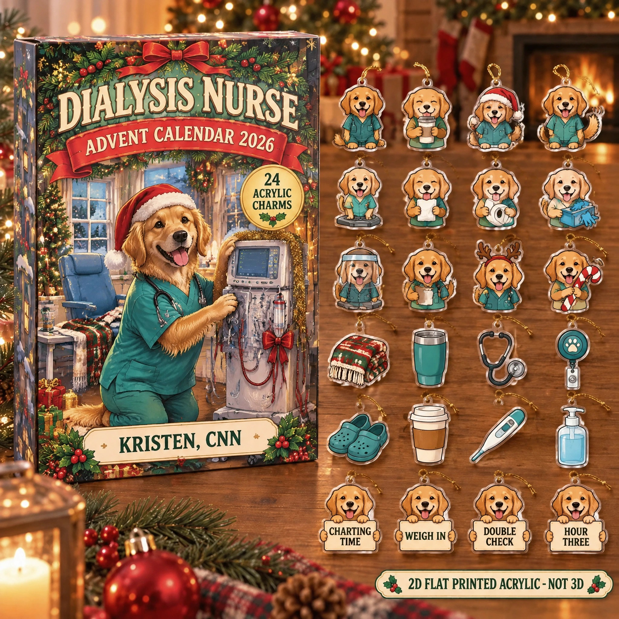 Personalized Dialysis Nurse Dog advent calendar box with 24 flat acrylic Christmas charms