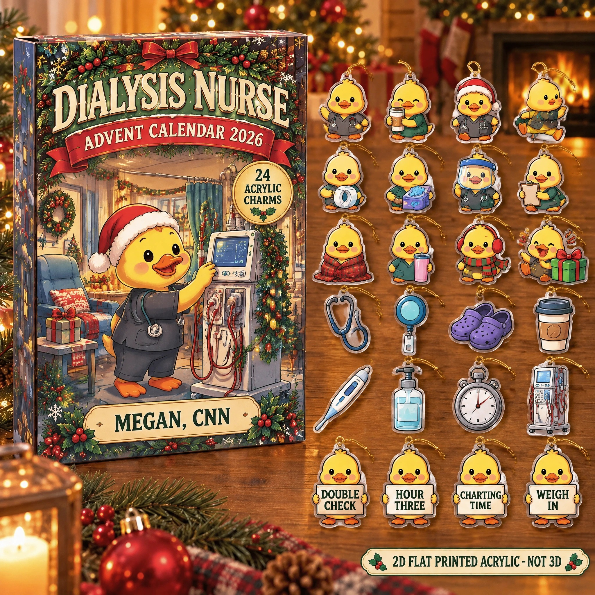 Personalized Dialysis Nurse Duck advent calendar box with 24 flat acrylic Christmas charms