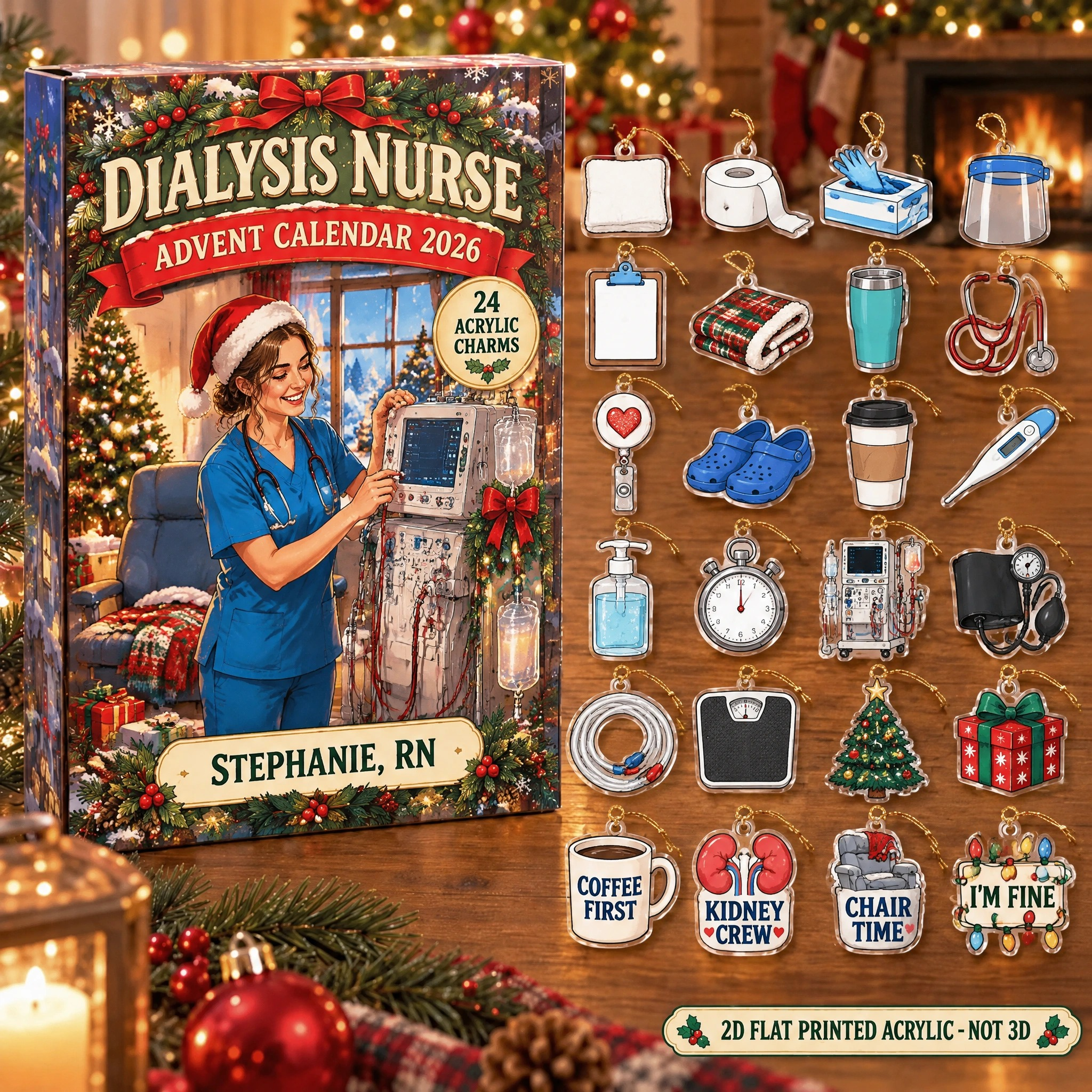 Personalized Dialysis Nurse Essentials advent calendar box with 24 flat acrylic Christmas charms