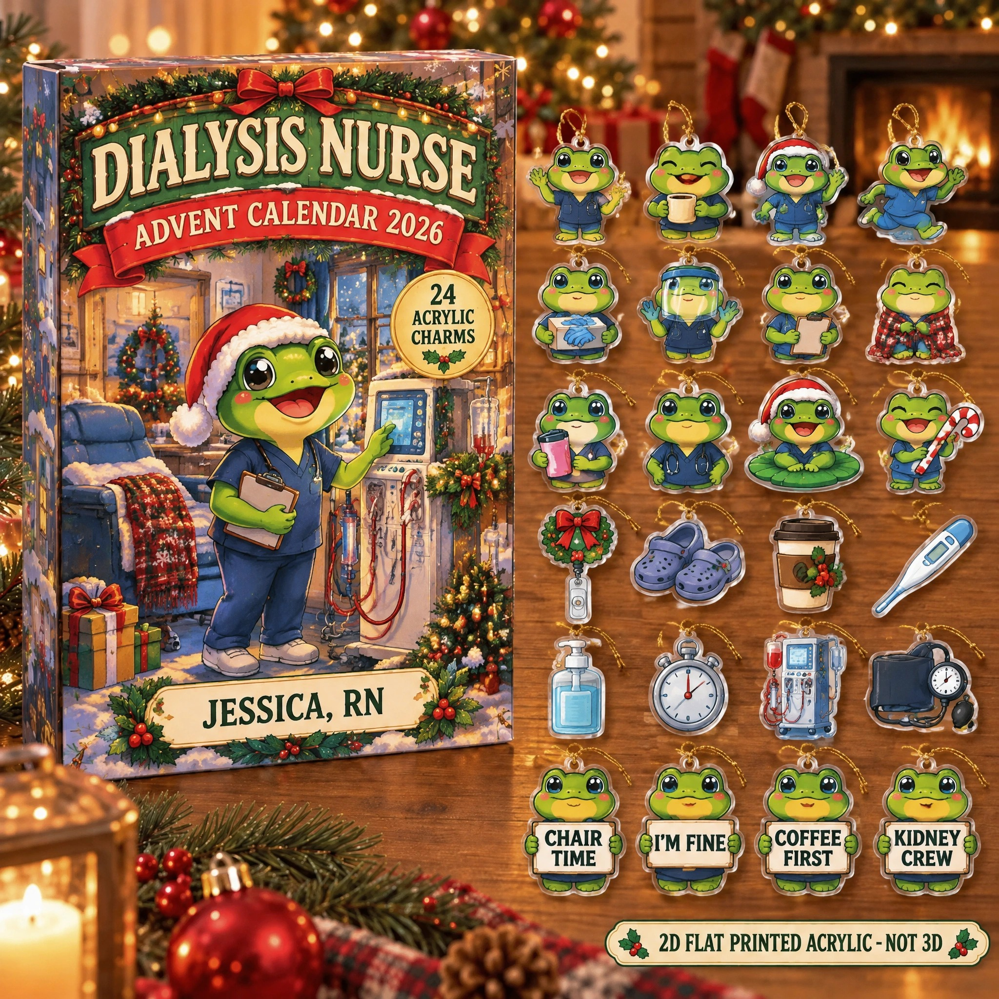 Personalized Dialysis Nurse Frog advent calendar box with 24 flat acrylic Christmas charms