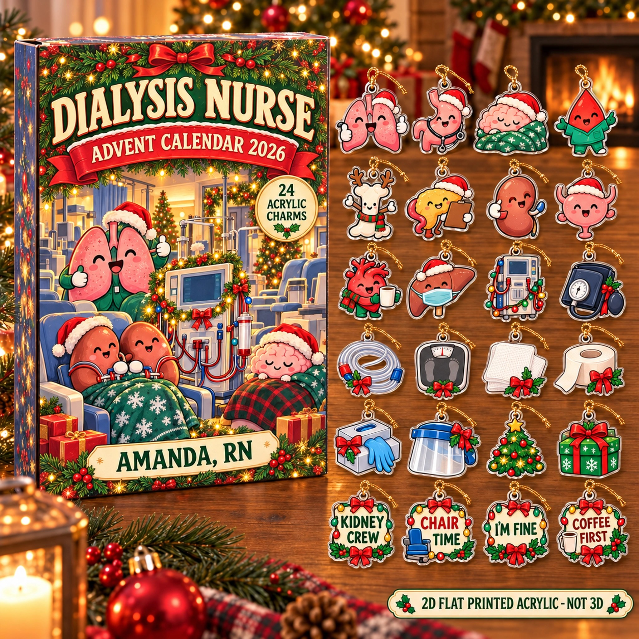 Personalized Dialysis Nurse Funny Anatomy advent calendar box with 24 flat acrylic Christmas charms