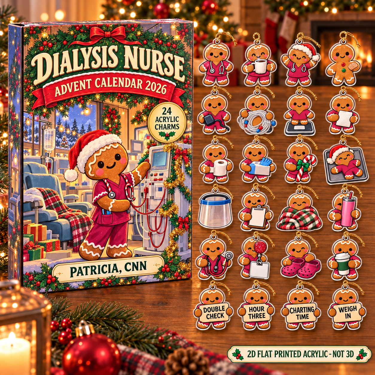 Personalized Dialysis Nurse Gingerbread advent calendar box with 24 flat acrylic Christmas charms