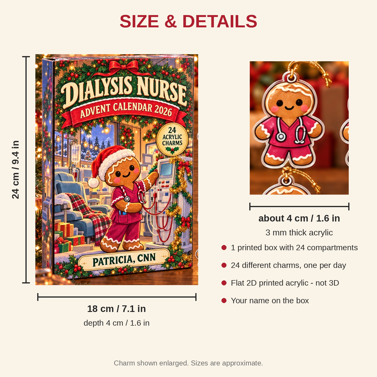 Personalized Dialysis Nurse Gingerbread advent calendar box with 24 flat acrylic Christmas charms: box and charm sizes