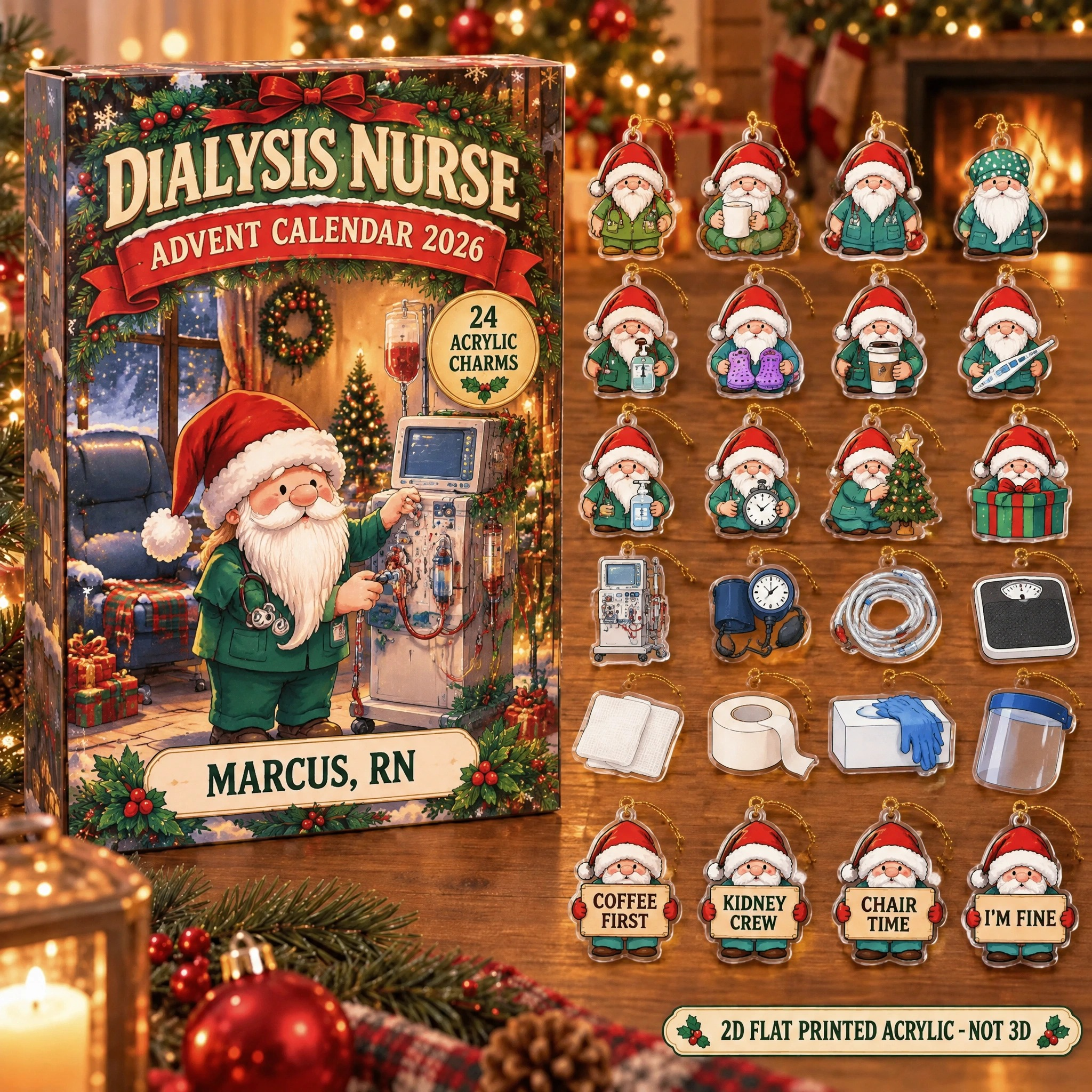 Personalized Dialysis Nurse Gnome advent calendar box with 24 flat acrylic Christmas charms