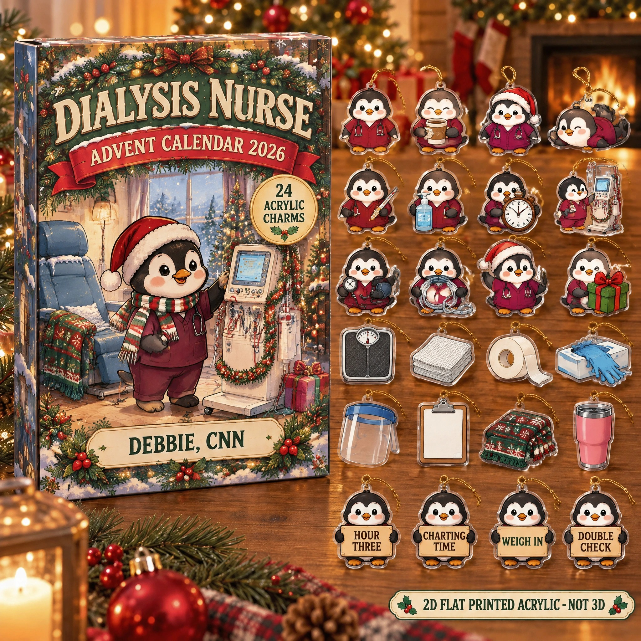Personalized Dialysis Nurse Penguin advent calendar box with 24 flat acrylic Christmas charms