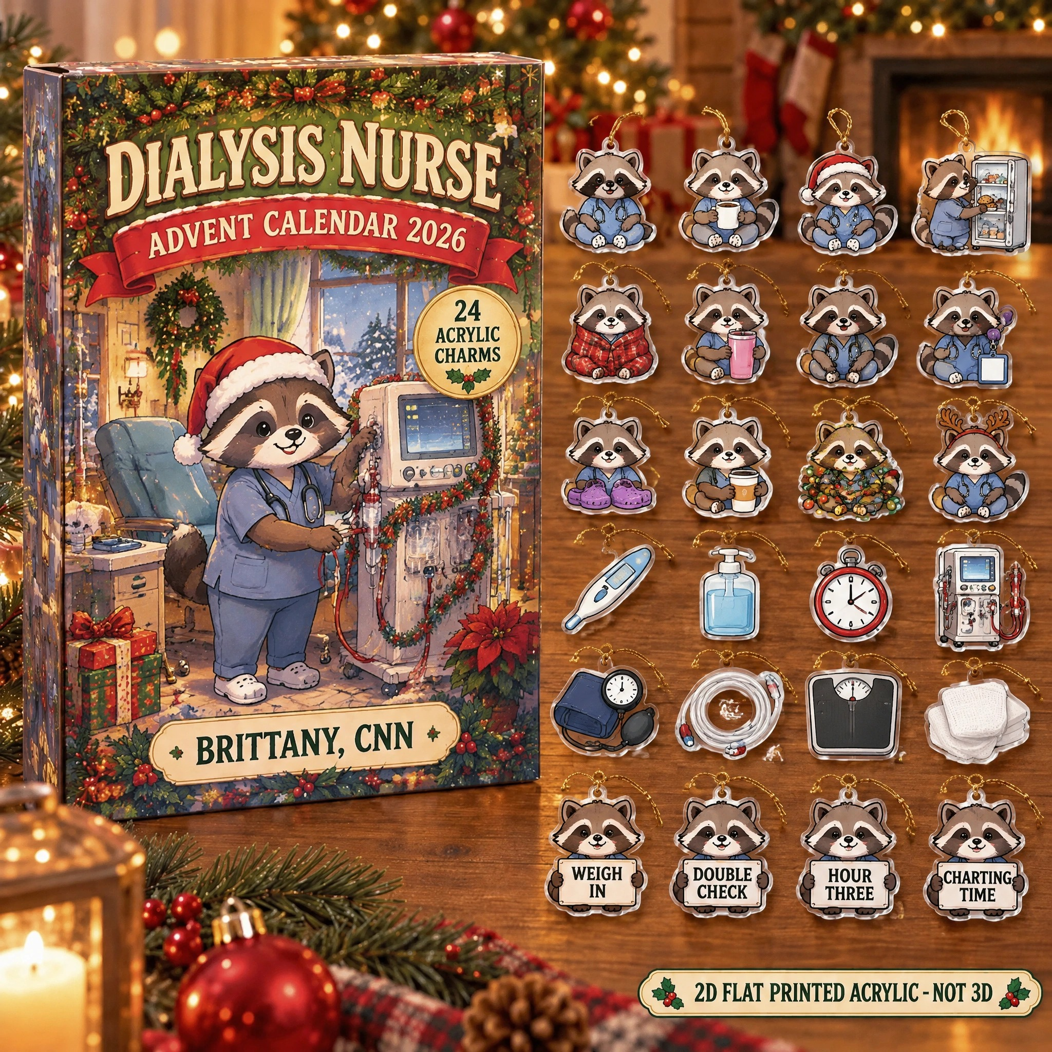 Personalized Dialysis Nurse Raccoon advent calendar box with 24 flat acrylic Christmas charms