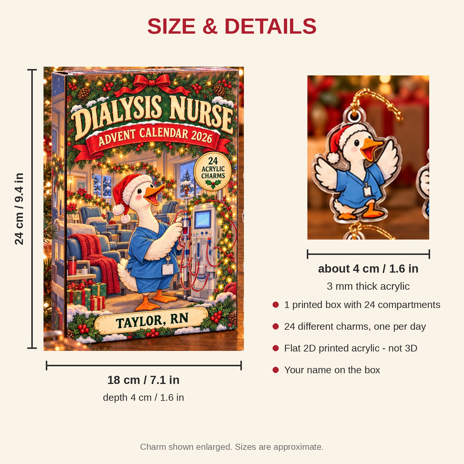 Personalized Dialysis Nurse Silly Goose advent calendar box with 24 flat acrylic Christmas charms: box and charm sizes