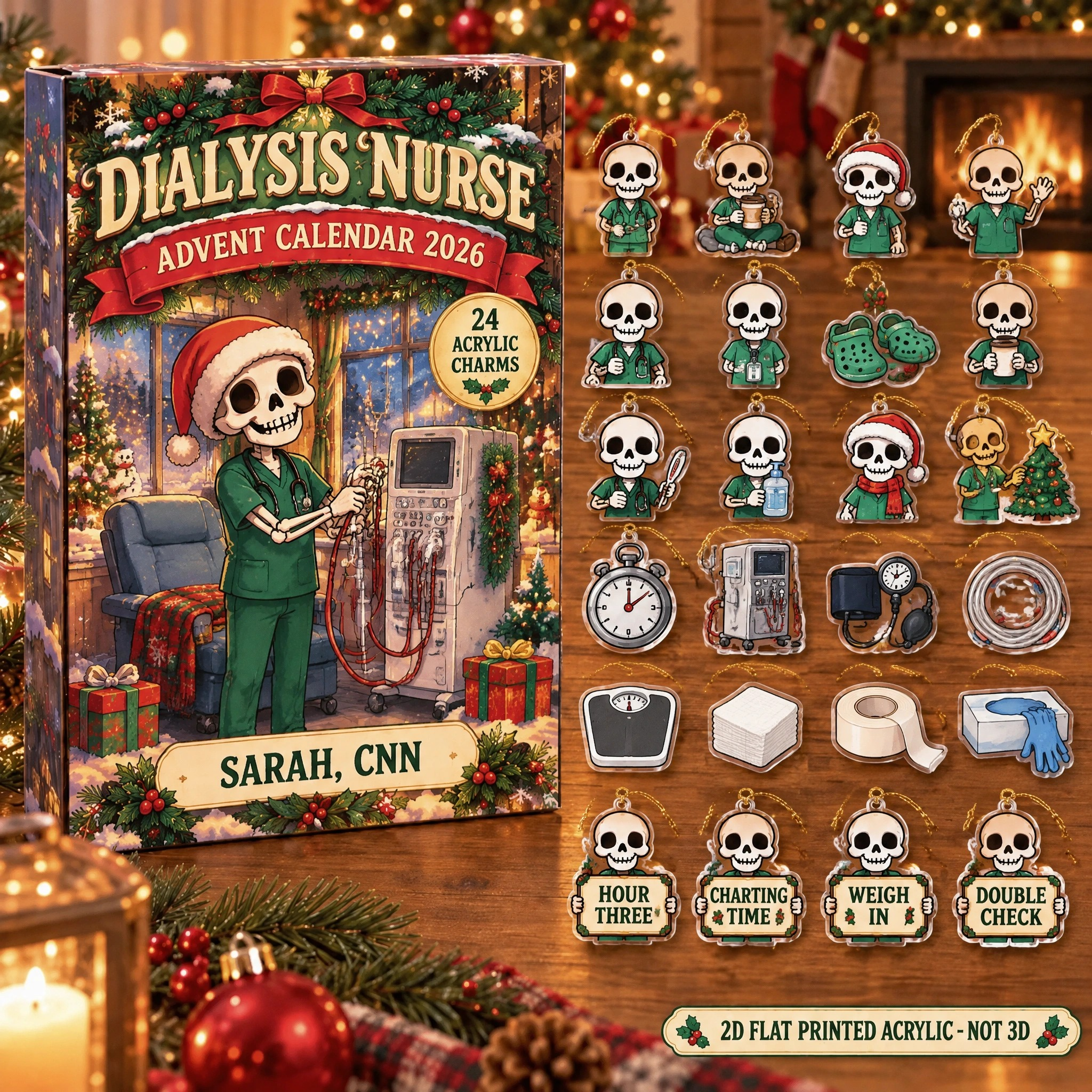 Personalized Dialysis Nurse Skeleton advent calendar box with 24 flat acrylic Christmas charms