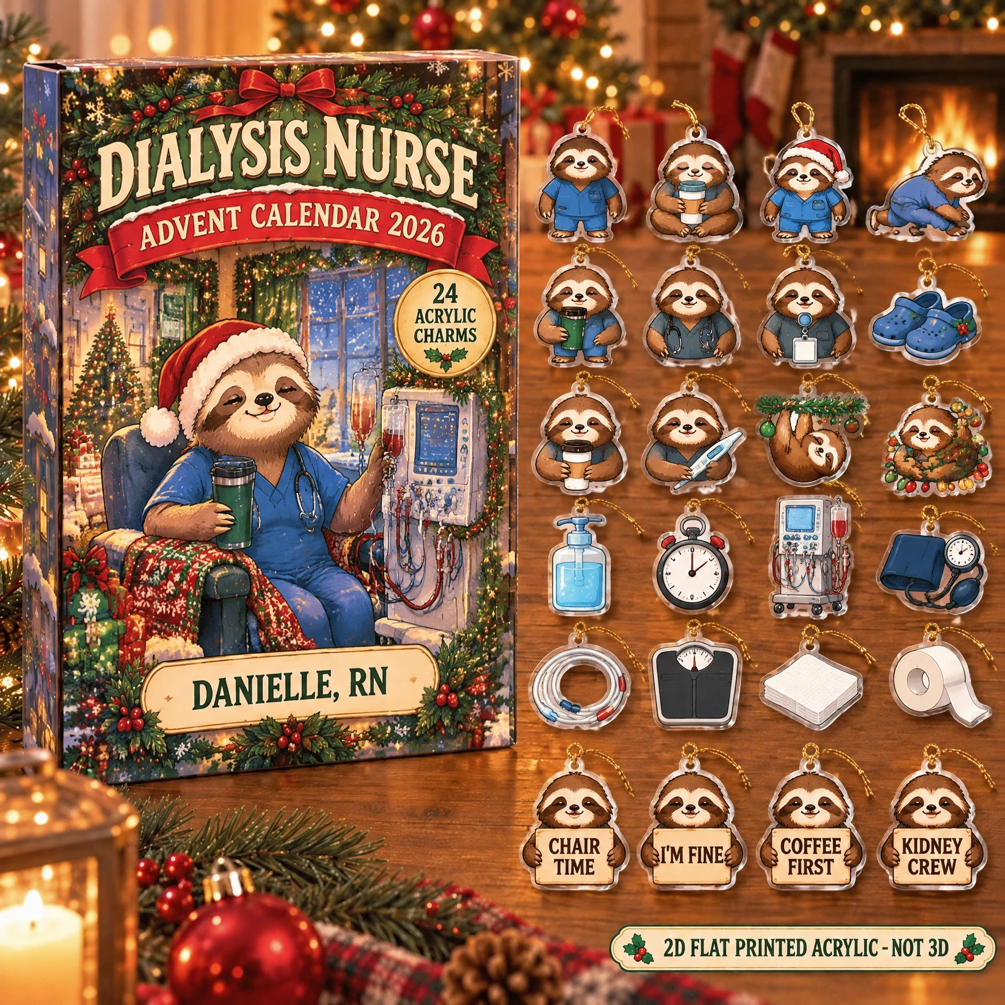 Personalized Dialysis Nurse Sloth advent calendar box with 24 flat acrylic Christmas charms