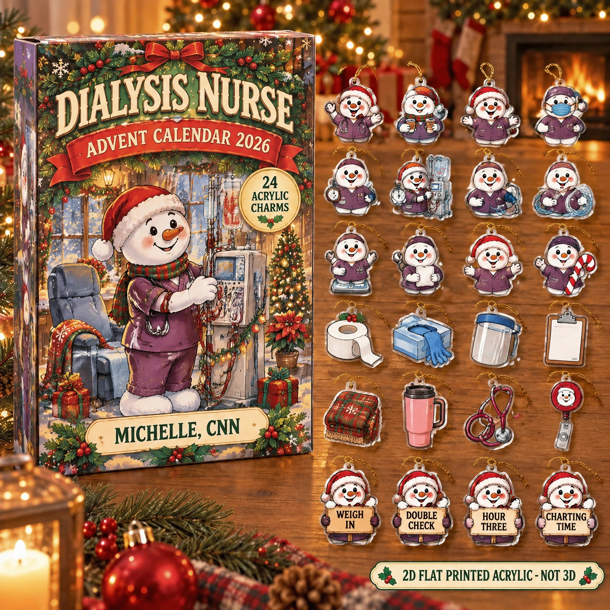 Personalized Dialysis Nurse Snowman advent calendar box with 24 flat acrylic Christmas charms