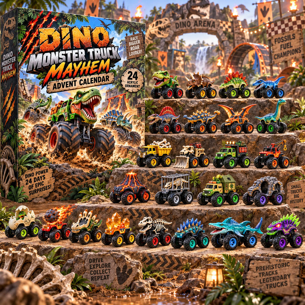 Dino Monster Truck Mayhem advent calendar box with 24 acrylic Christmas charms