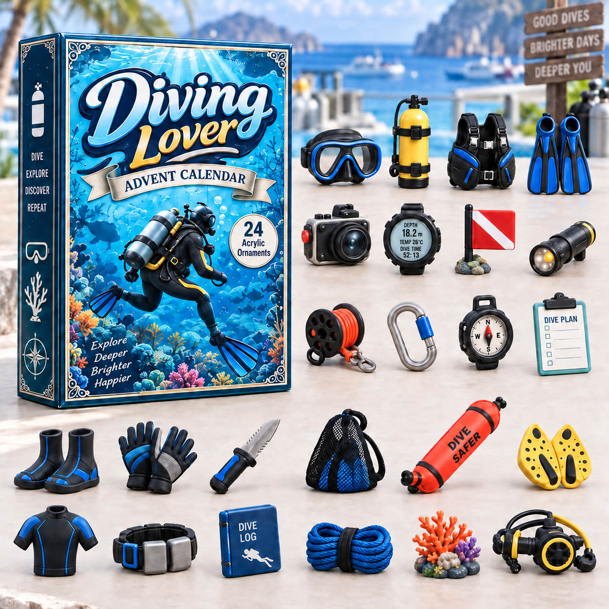 Diving Lover advent calendar box with 24 acrylic Christmas charms