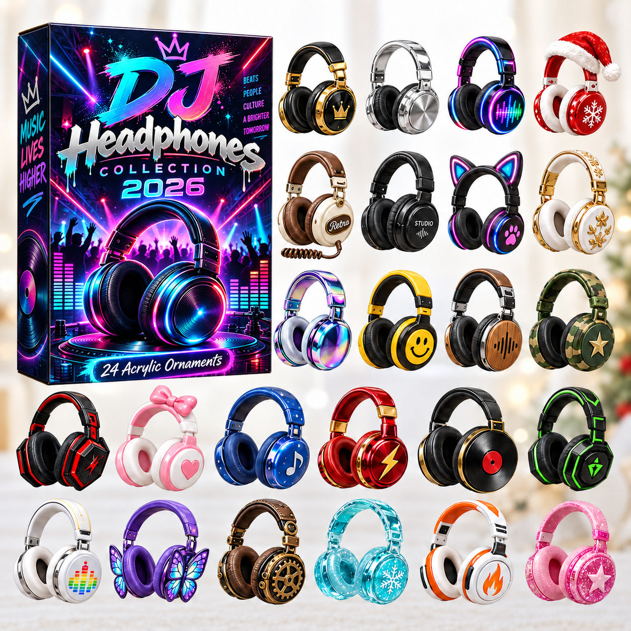 DJ Headphones advent calendar box with 24 acrylic Christmas charms