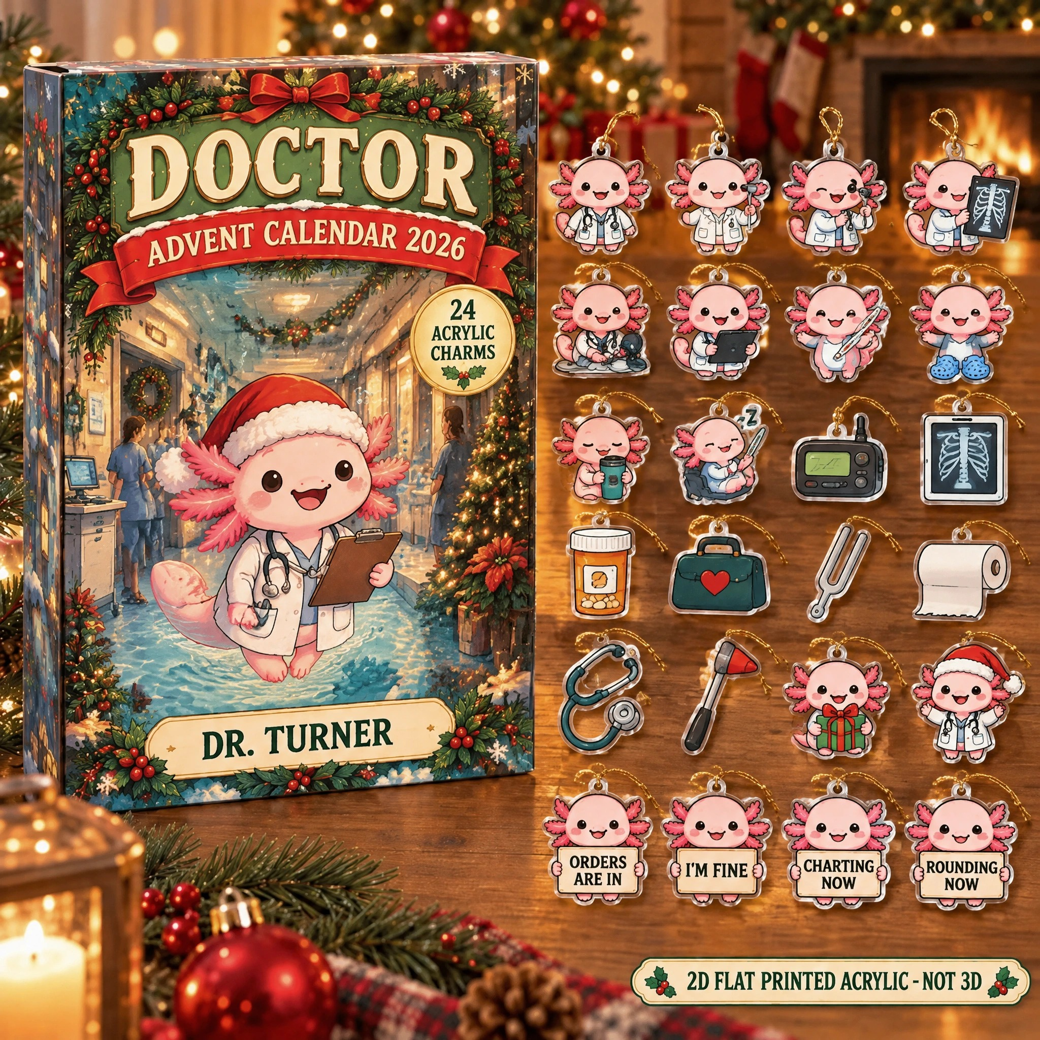 Personalized Doctor Axolotl advent calendar box with 24 flat acrylic Christmas charms