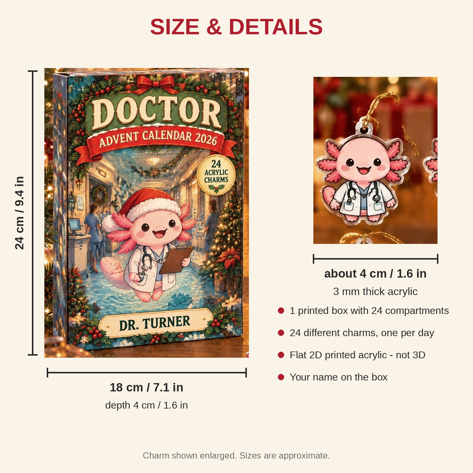 Personalized Doctor Axolotl advent calendar box with 24 flat acrylic Christmas charms: box and charm sizes