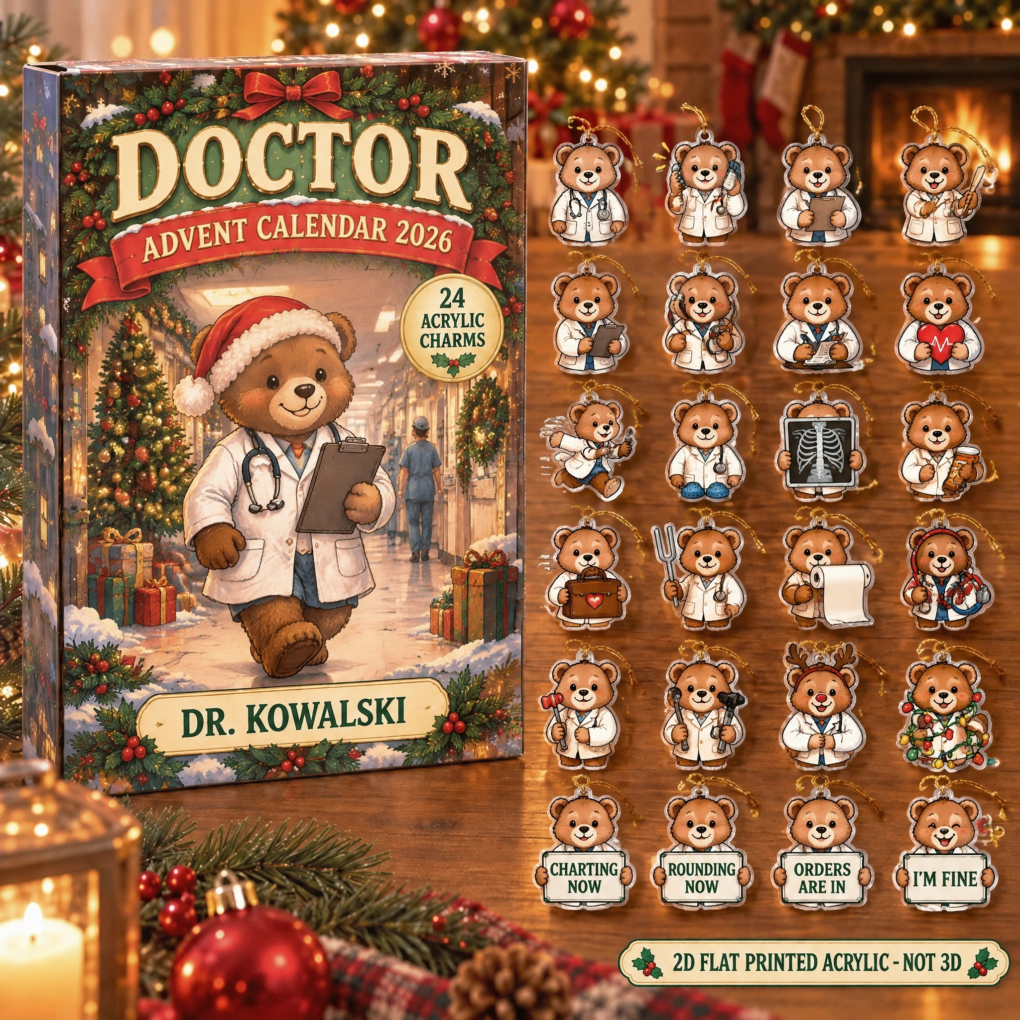 Personalized Doctor Bear advent calendar box with 24 flat acrylic Christmas charms