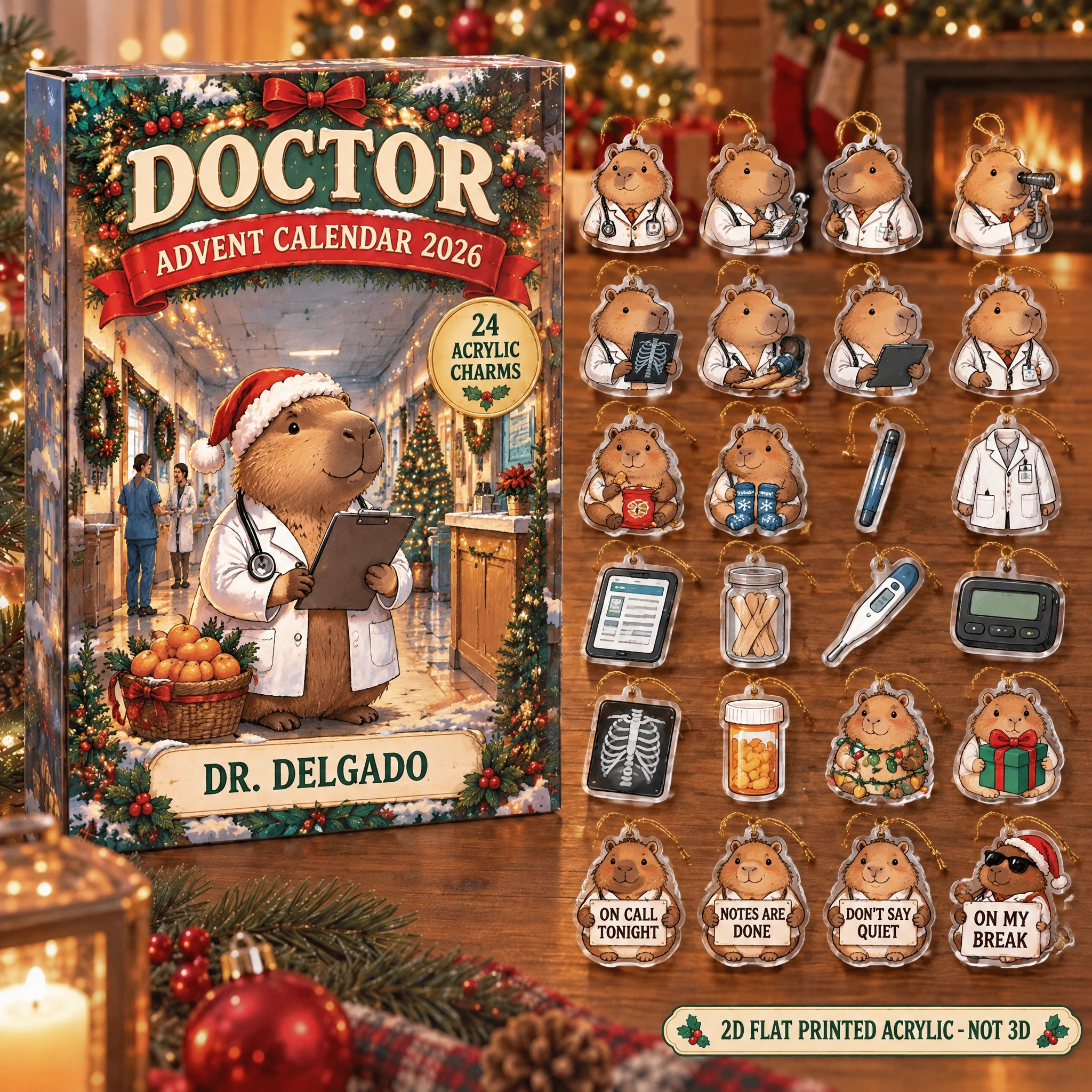 Personalized Doctor Capybara advent calendar box with 24 flat acrylic Christmas charms