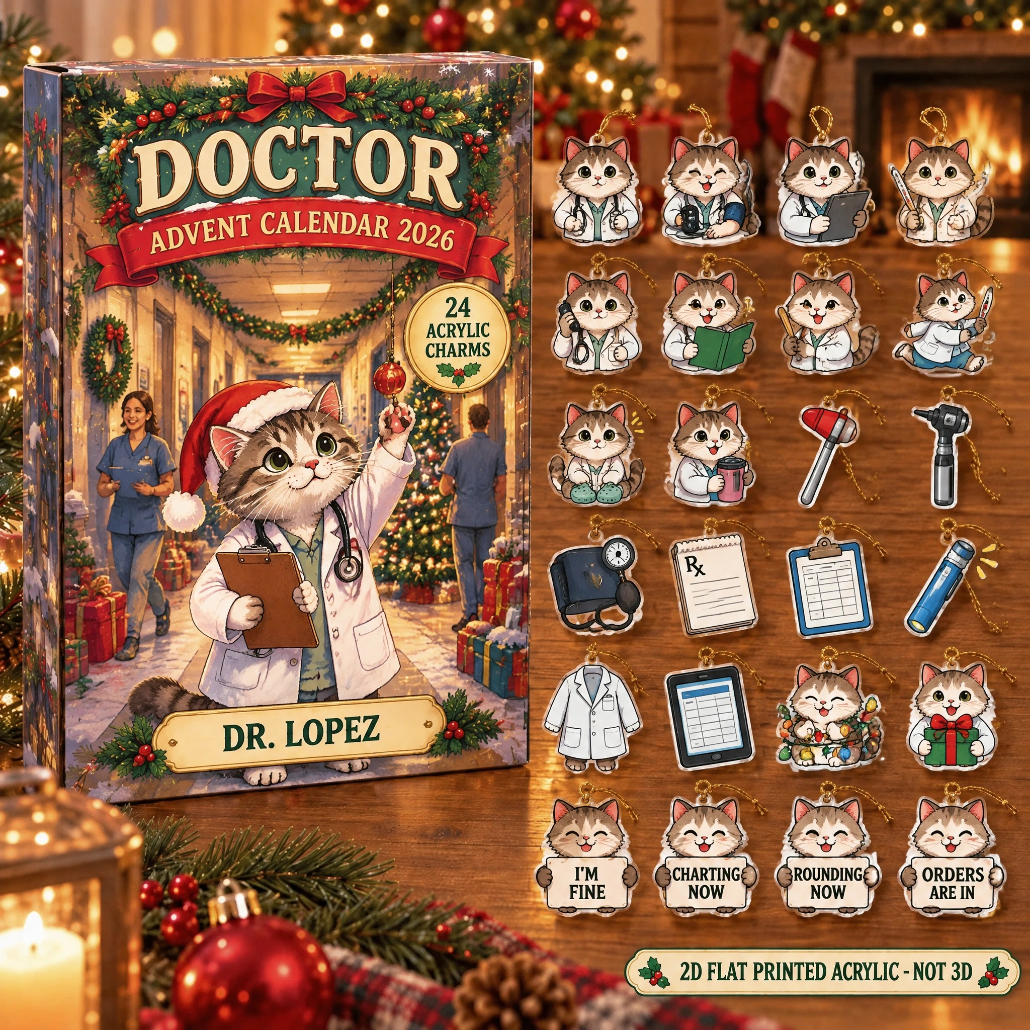 Personalized Doctor Cat advent calendar box with 24 flat acrylic Christmas charms