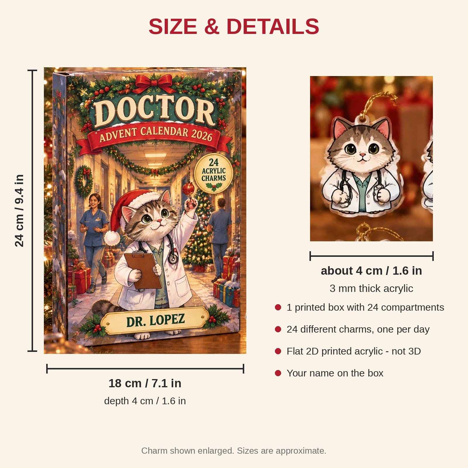 Personalized Doctor Cat advent calendar box with 24 flat acrylic Christmas charms: box and charm sizes
