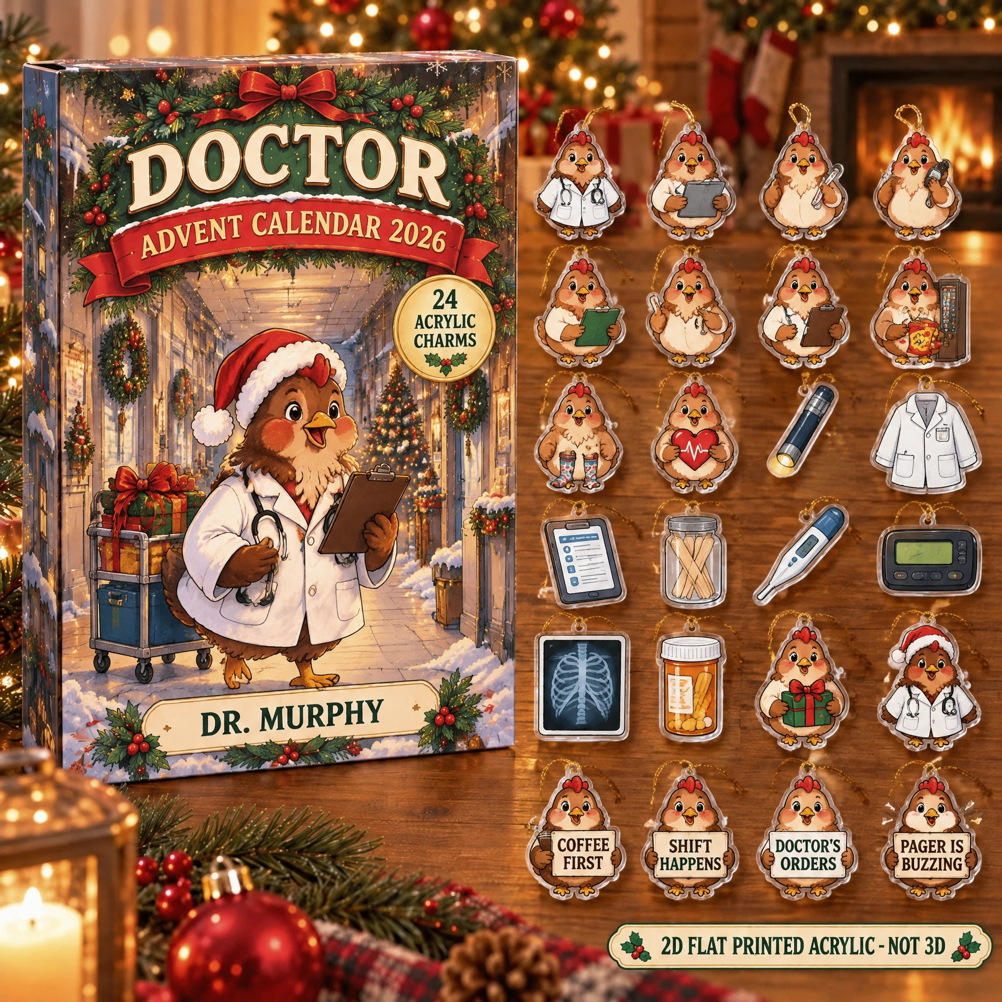 Personalized Doctor Chicken advent calendar box with 24 flat acrylic Christmas charms