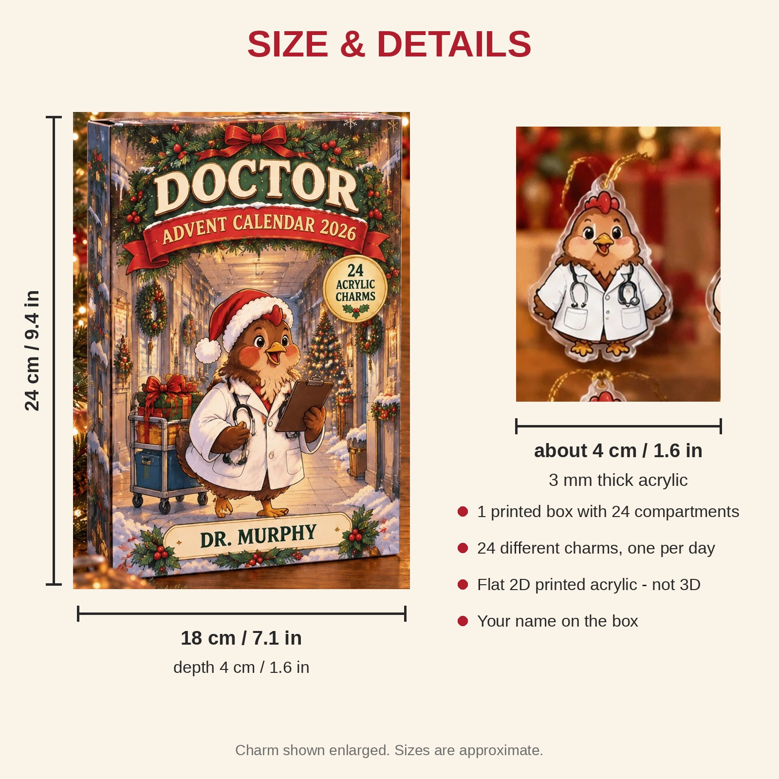 Personalized Doctor Chicken advent calendar box with 24 flat acrylic Christmas charms: box and charm sizes