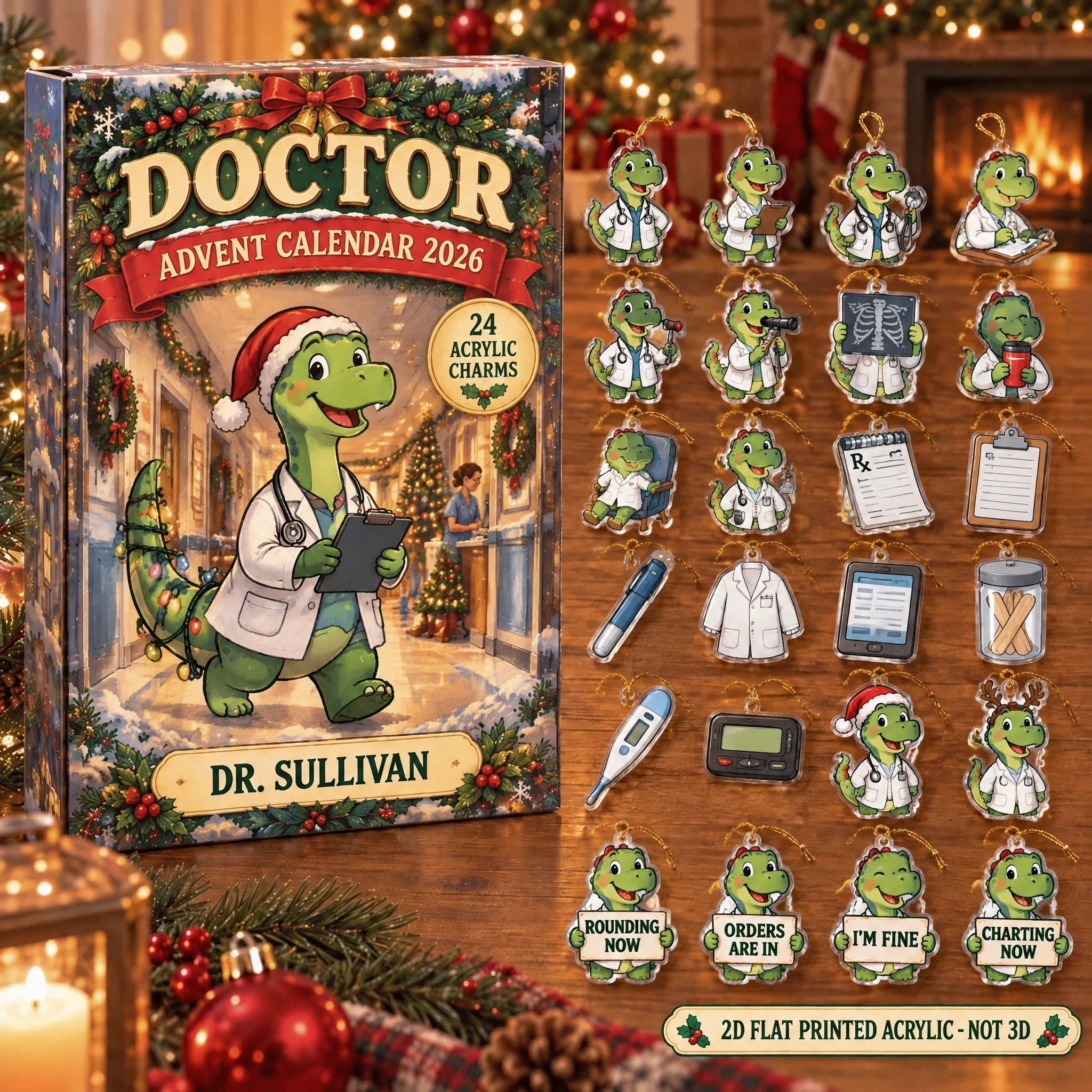 Personalized Doctor Dinosaur advent calendar box with 24 flat acrylic Christmas charms