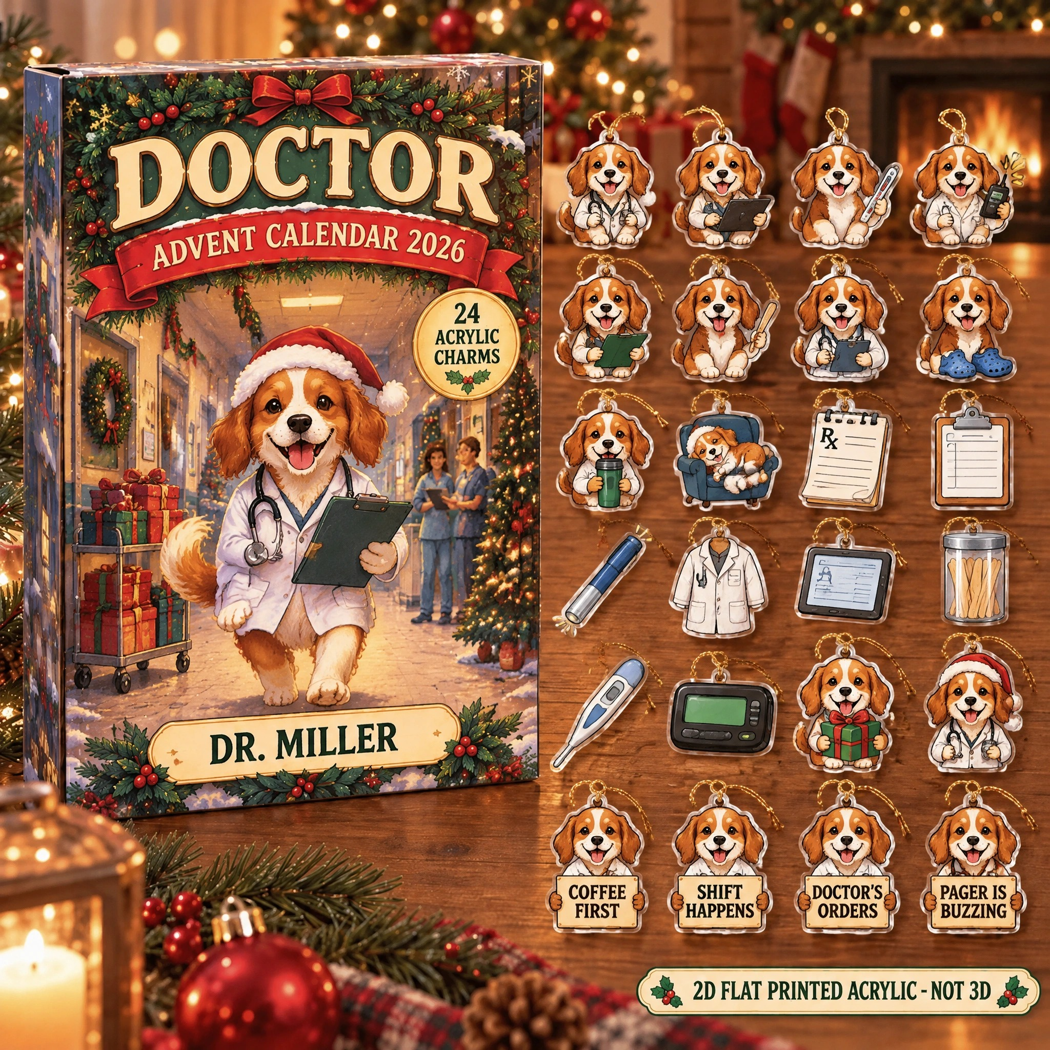 Personalized Doctor Dog advent calendar box with 24 flat acrylic Christmas charms