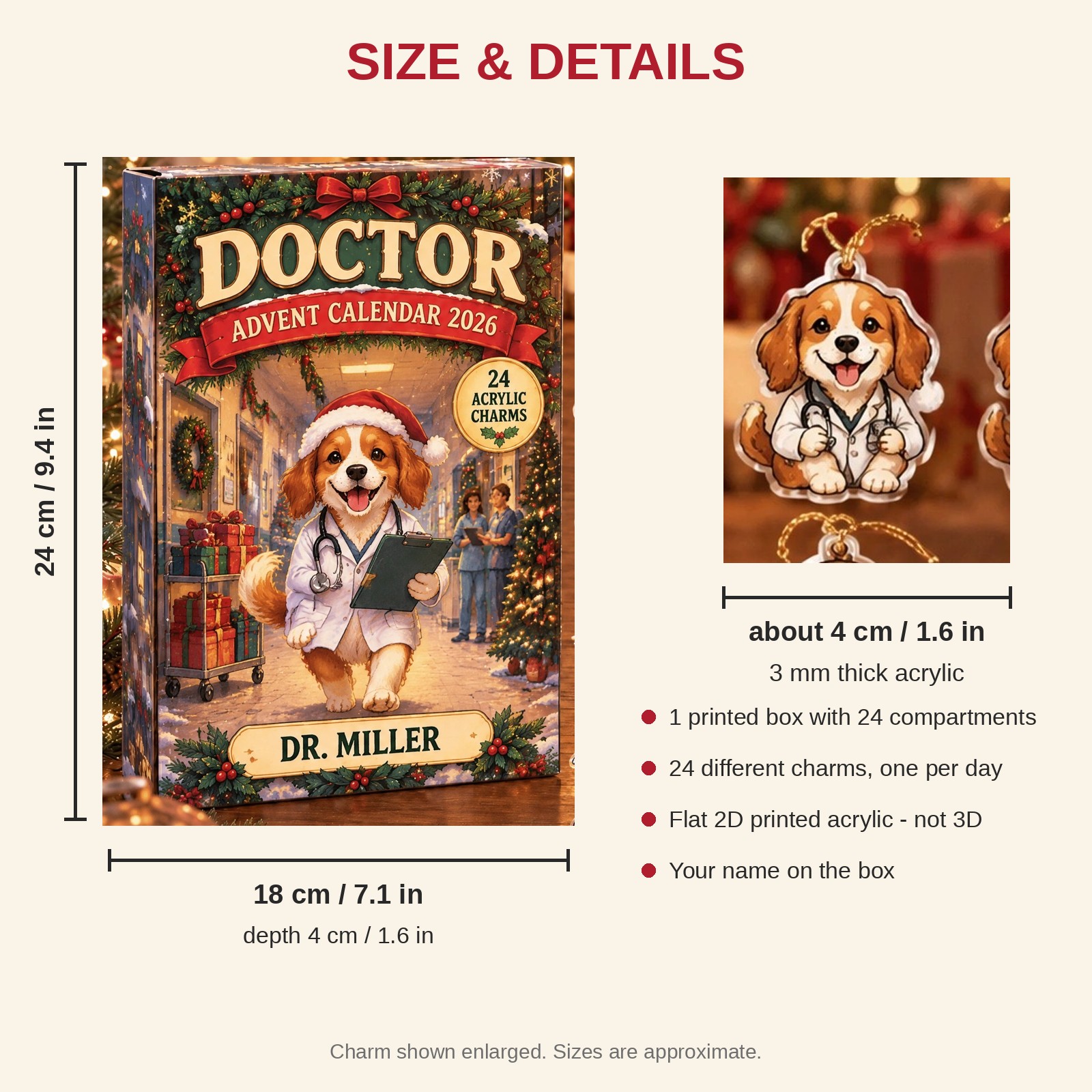 Personalized Doctor Dog advent calendar box with 24 flat acrylic Christmas charms: box and charm sizes