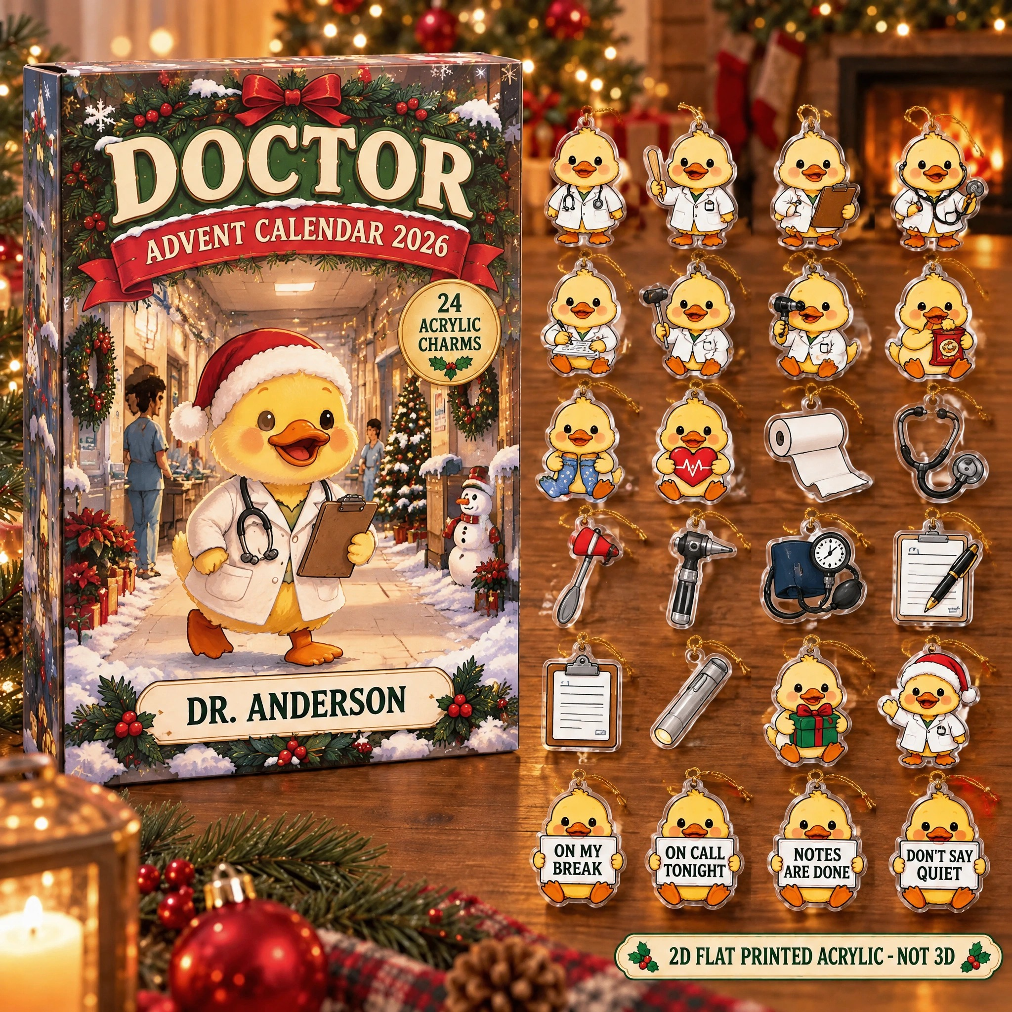 Personalized Doctor Duck advent calendar box with 24 flat acrylic Christmas charms