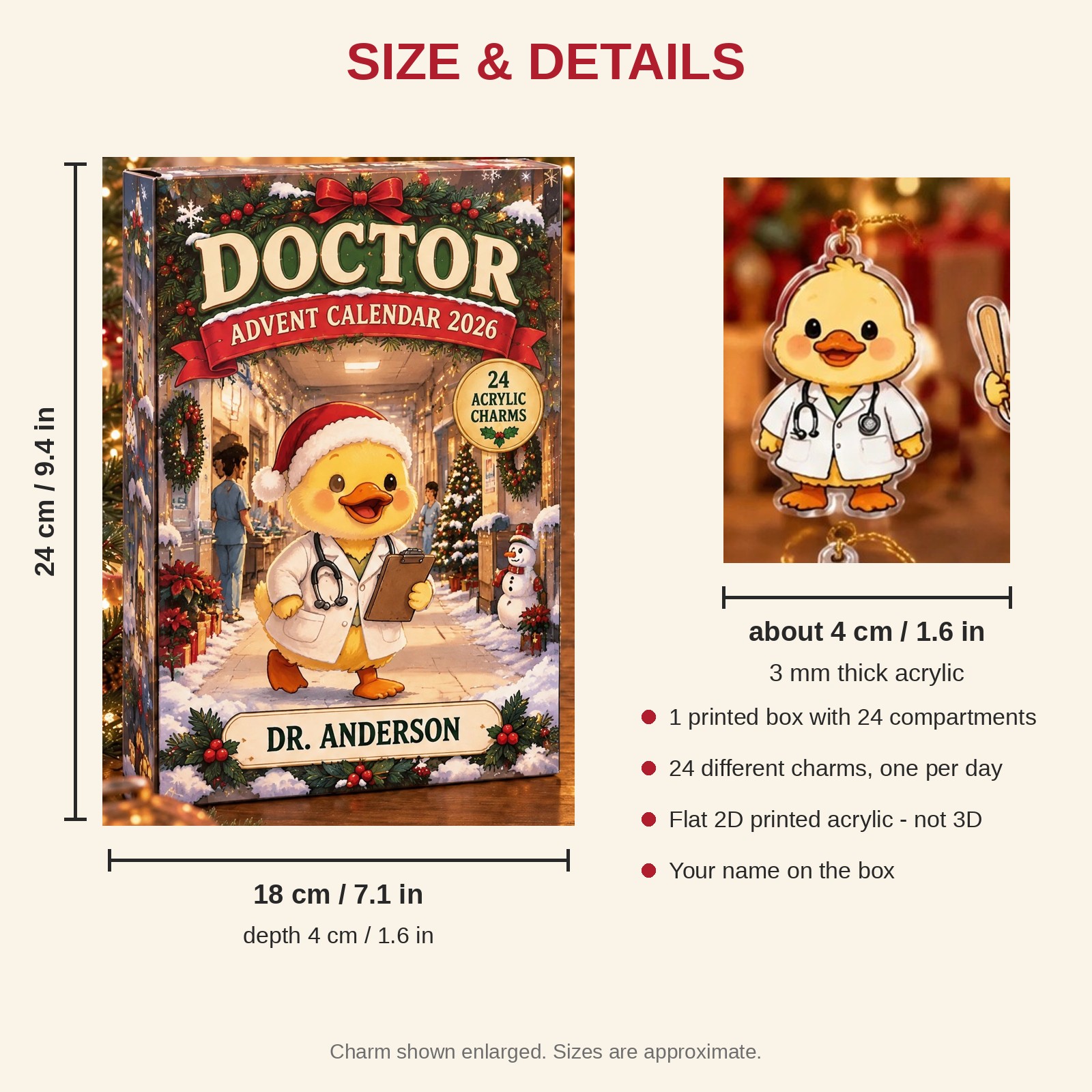 Personalized Doctor Duck advent calendar box with 24 flat acrylic Christmas charms: box and charm sizes