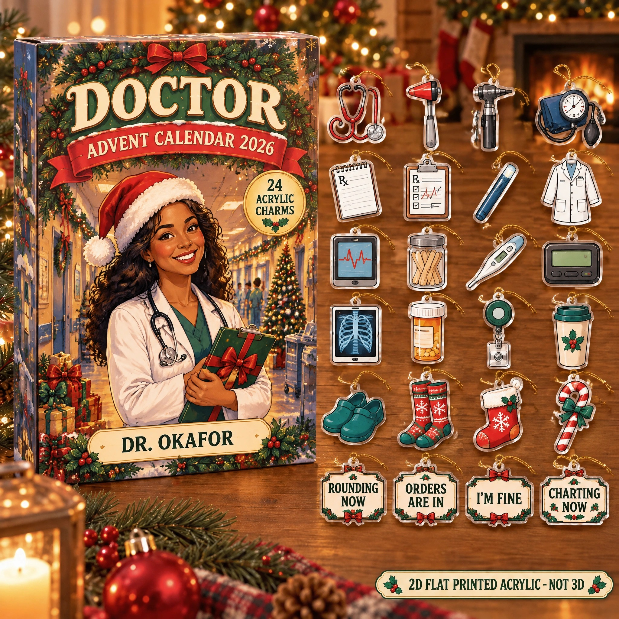 Personalized Doctor Essentials advent calendar box with 24 flat acrylic Christmas charms