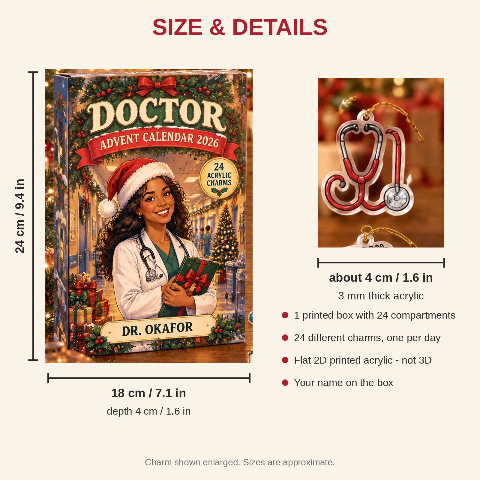 Personalized Doctor Essentials advent calendar box with 24 flat acrylic Christmas charms: box and charm sizes