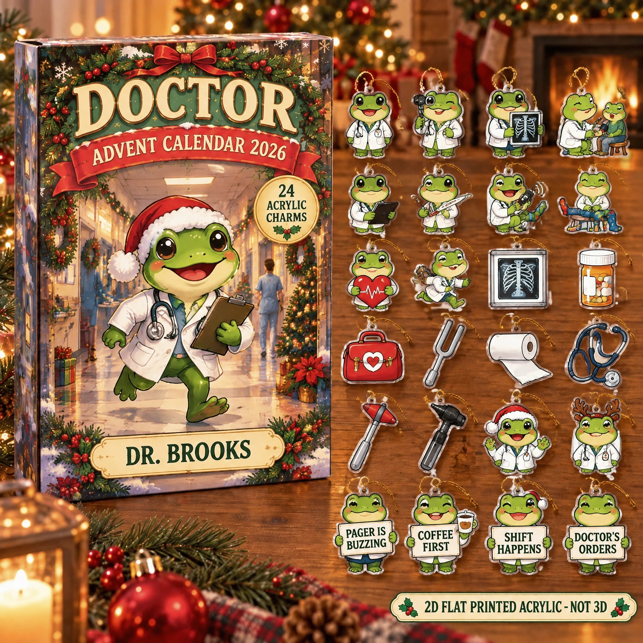 Personalized Doctor Frog advent calendar box with 24 flat acrylic Christmas charms