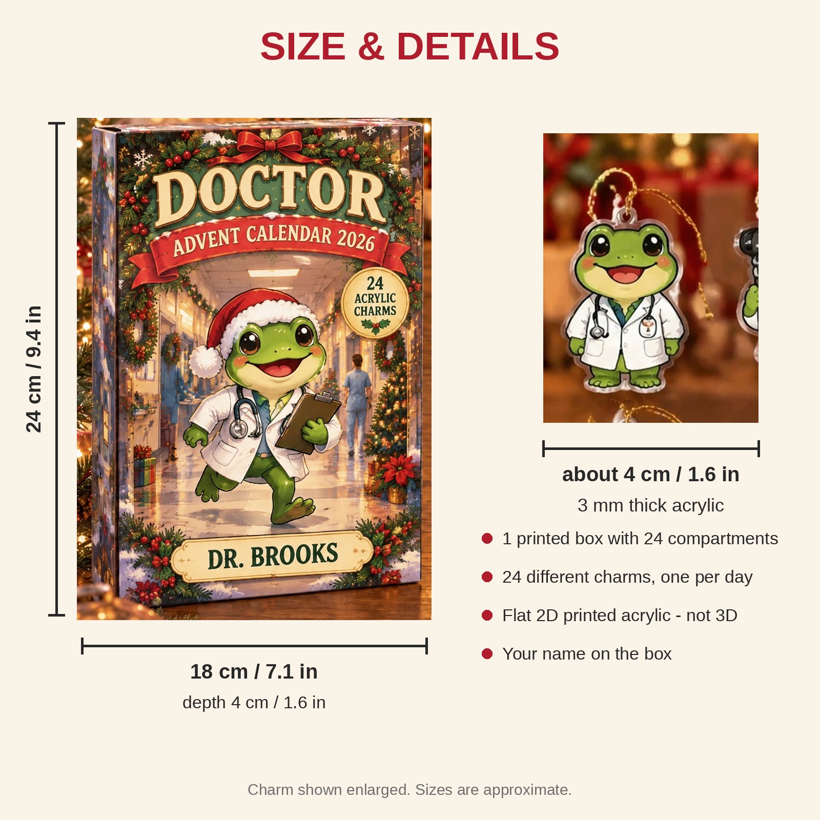 Personalized Doctor Frog advent calendar box with 24 flat acrylic Christmas charms: box and charm sizes