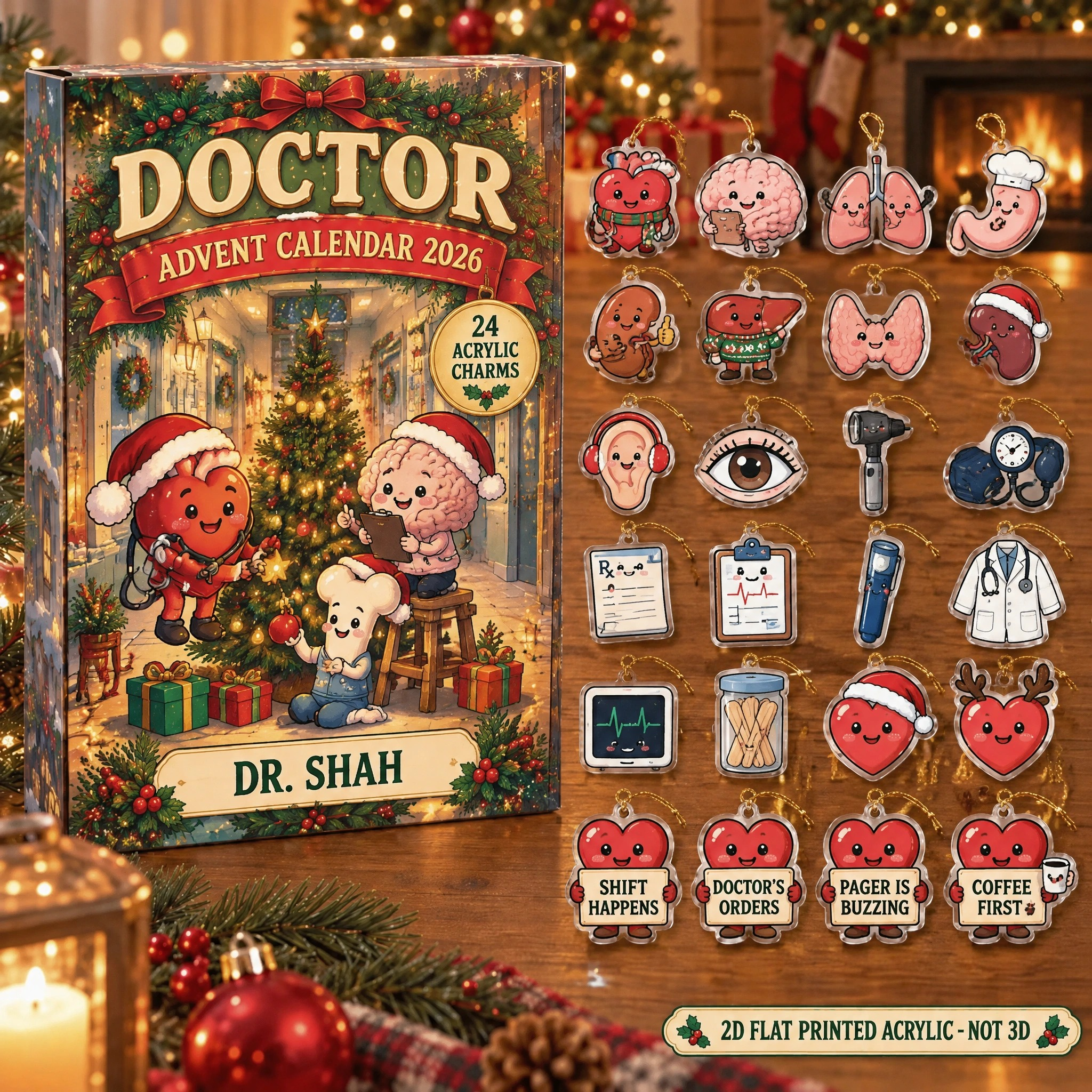 Personalized Funny Anatomy Doctor advent calendar box with 24 flat acrylic Christmas charms