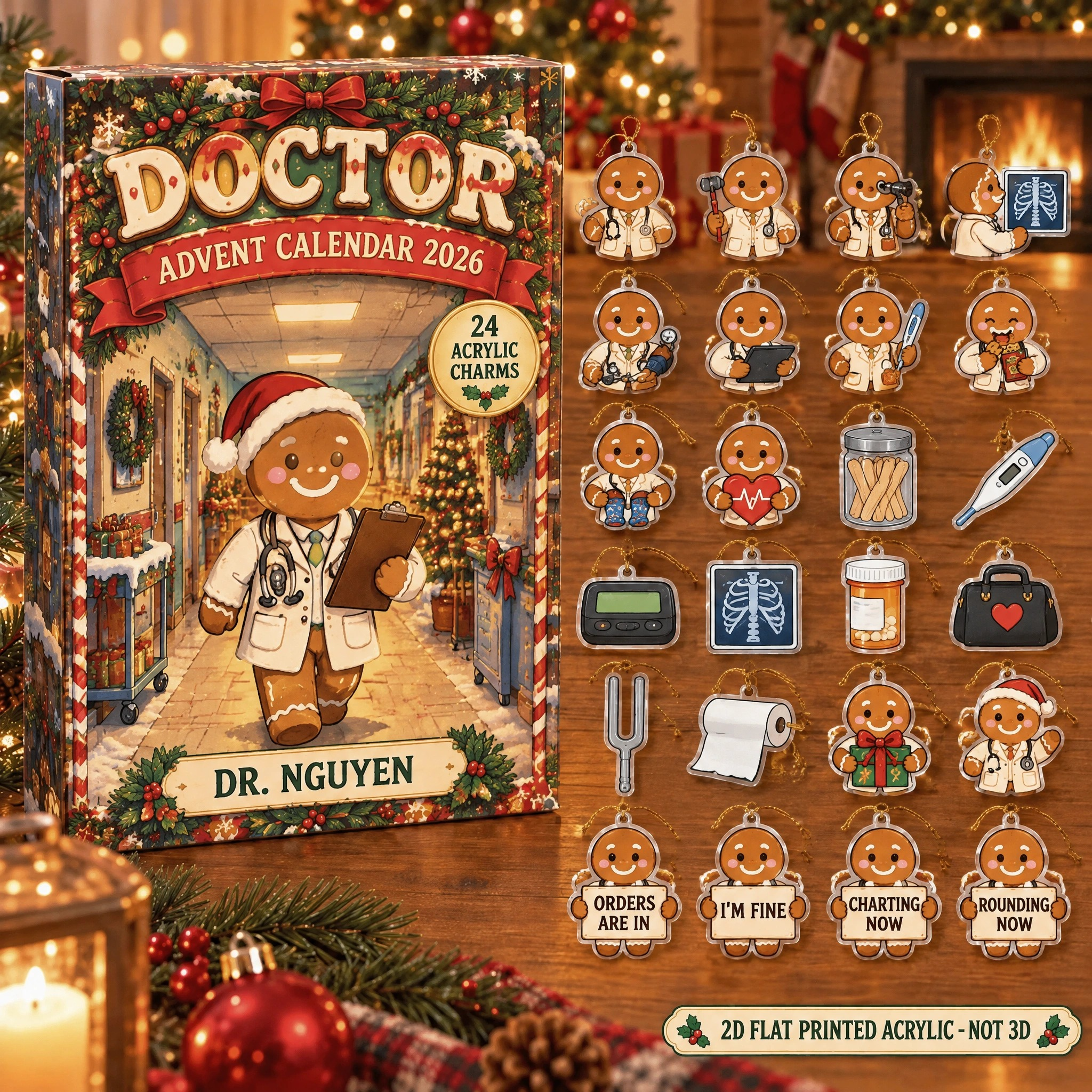 Personalized Gingerbread Doctor advent calendar box with 24 flat acrylic Christmas charms