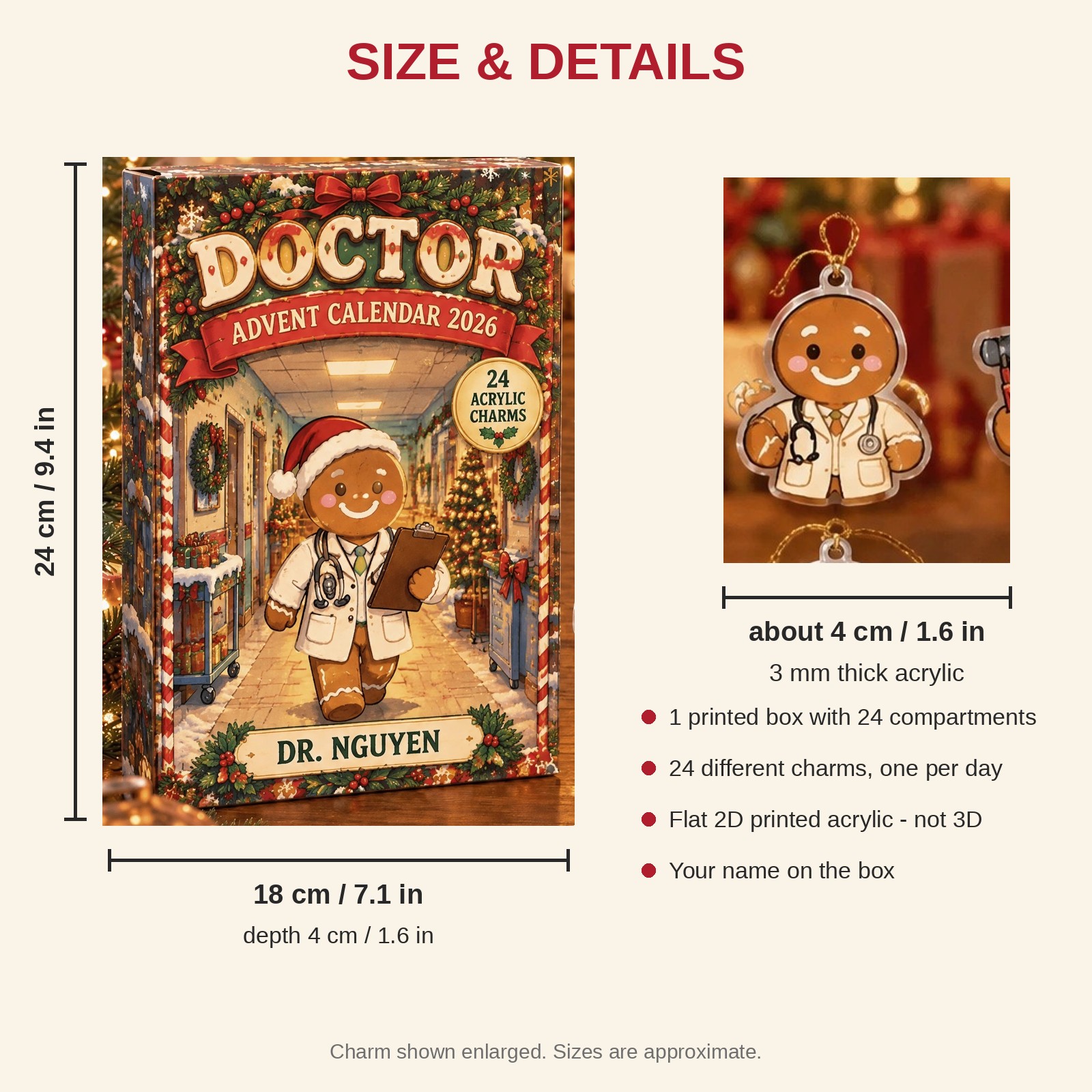 Personalized Gingerbread Doctor advent calendar box with 24 flat acrylic Christmas charms: box and charm sizes