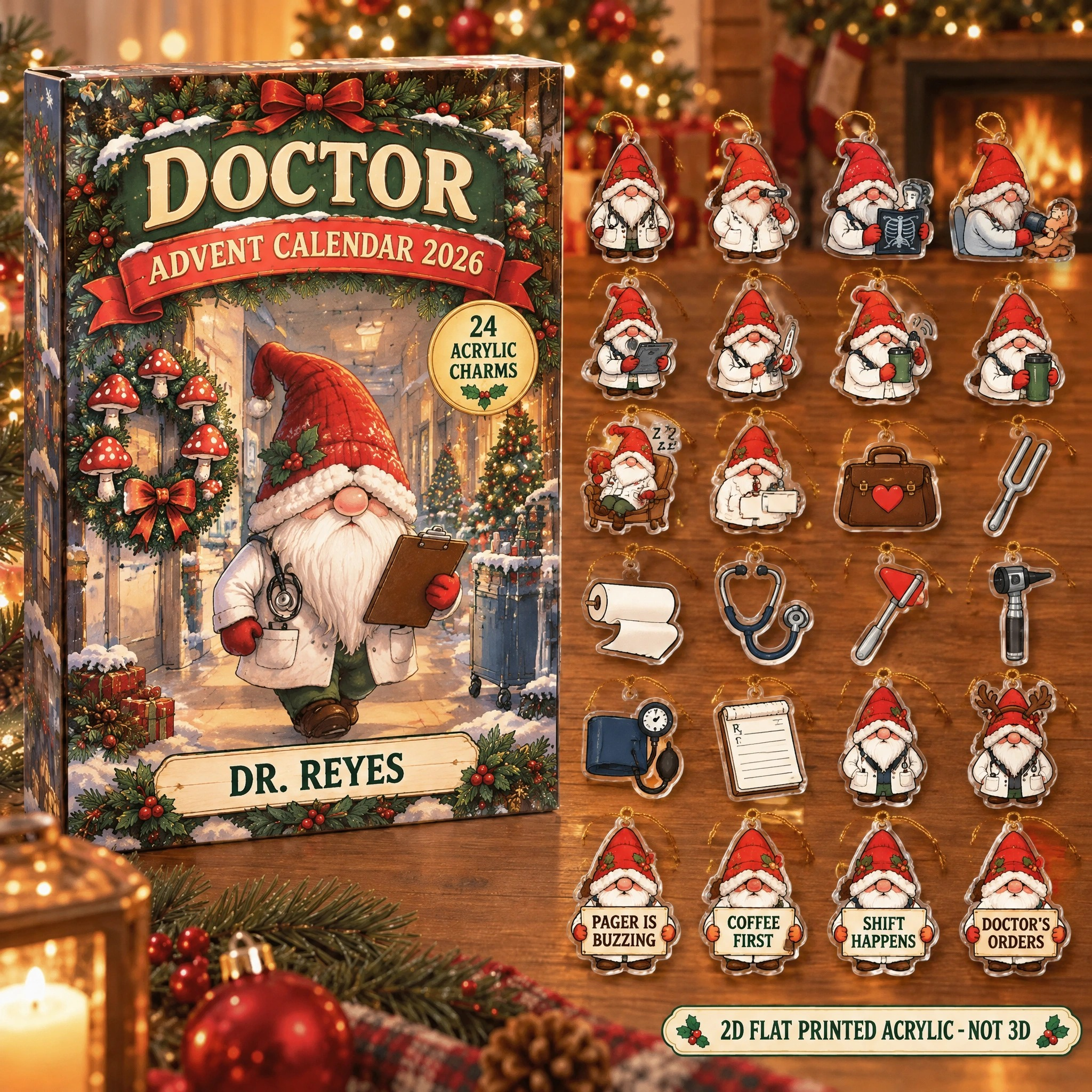 Personalized Doctor Gnome advent calendar box with 24 flat acrylic Christmas charms