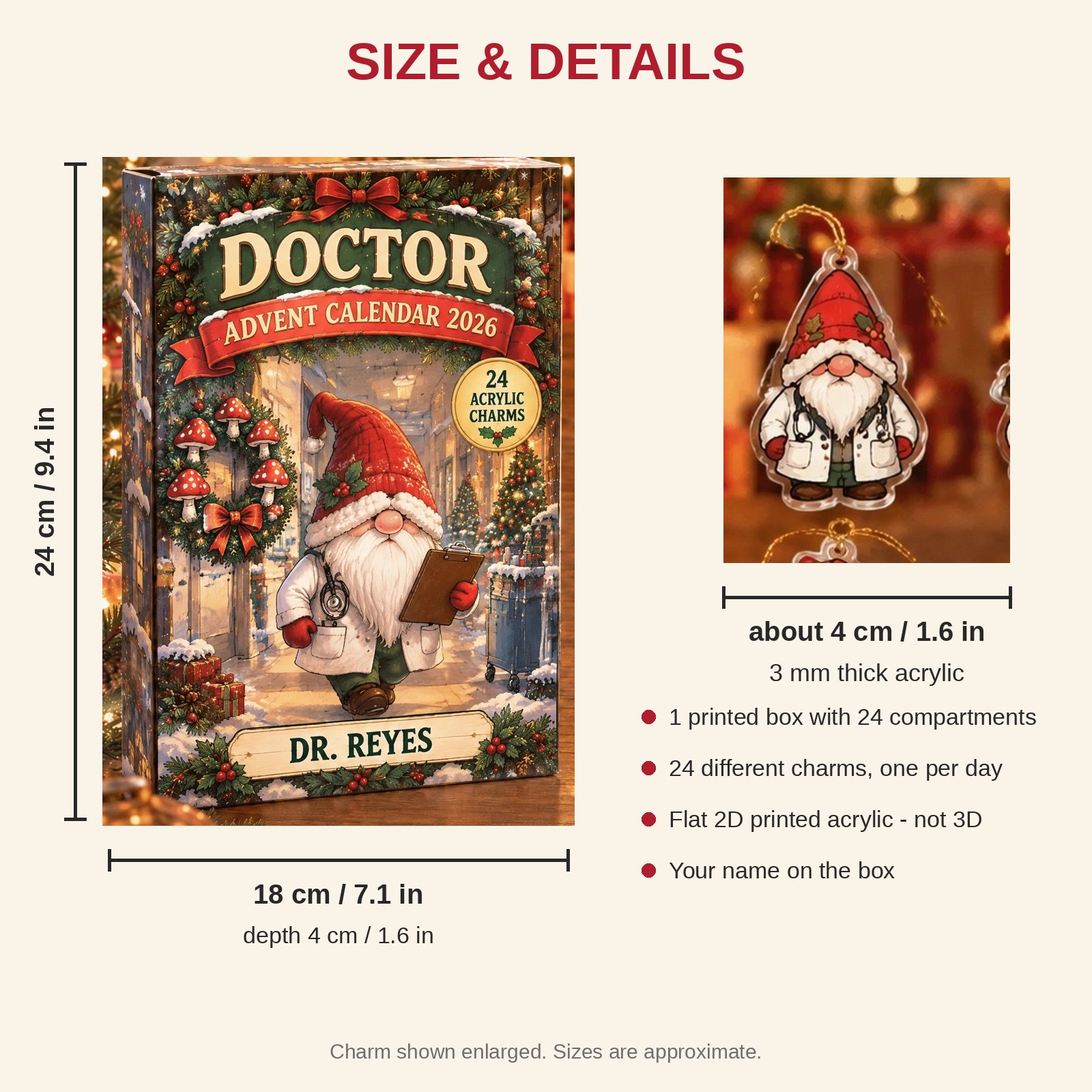 Personalized Doctor Gnome advent calendar box with 24 flat acrylic Christmas charms: box and charm sizes