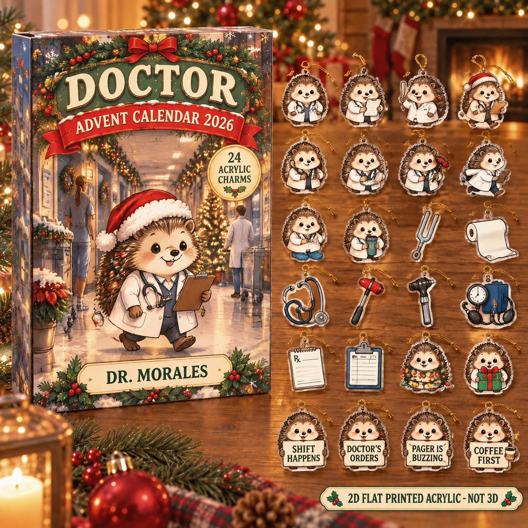 Personalized Doctor Hedgehog advent calendar box with 24 flat acrylic Christmas charms