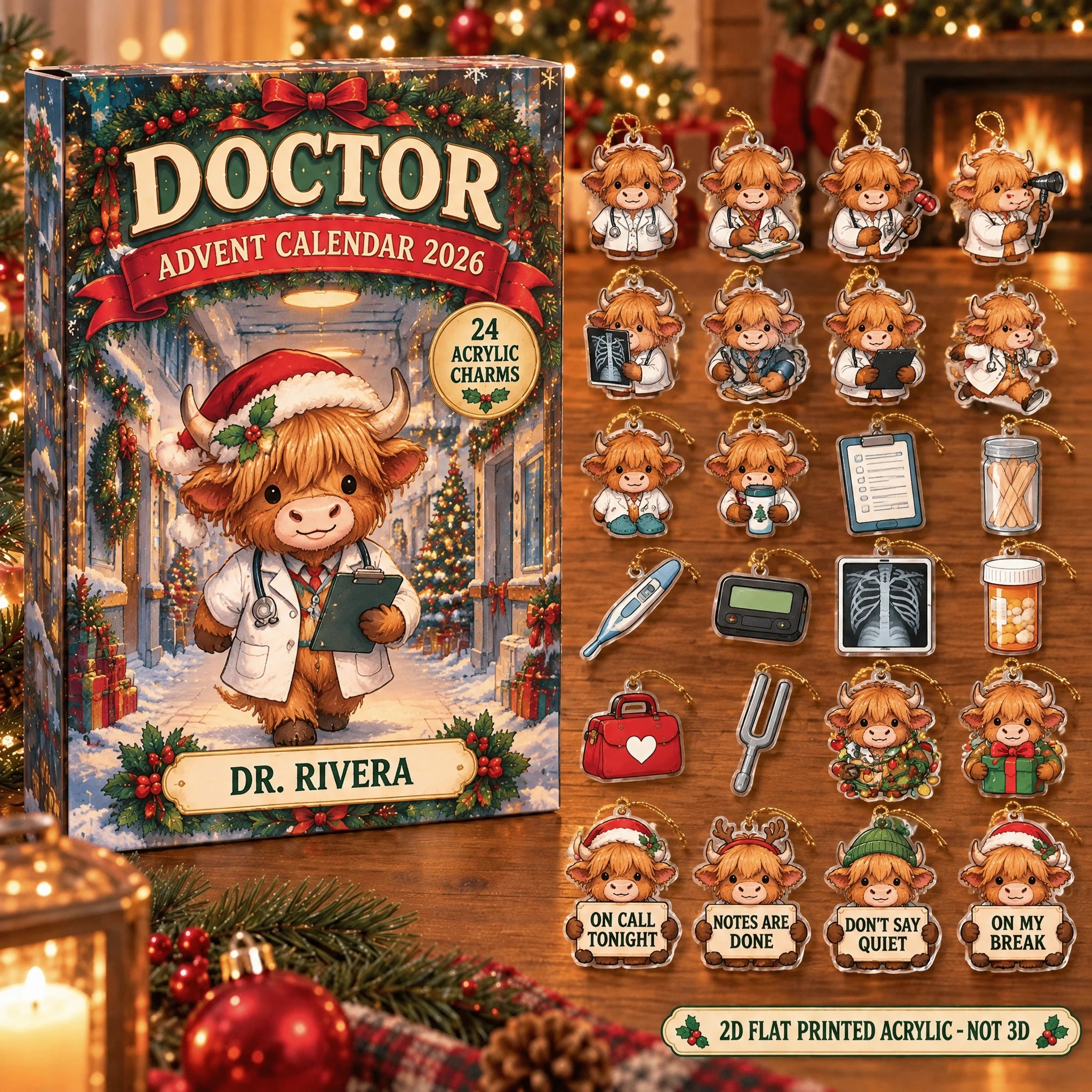 Personalized Doctor Highland Cow advent calendar box with 24 flat acrylic Christmas charms
