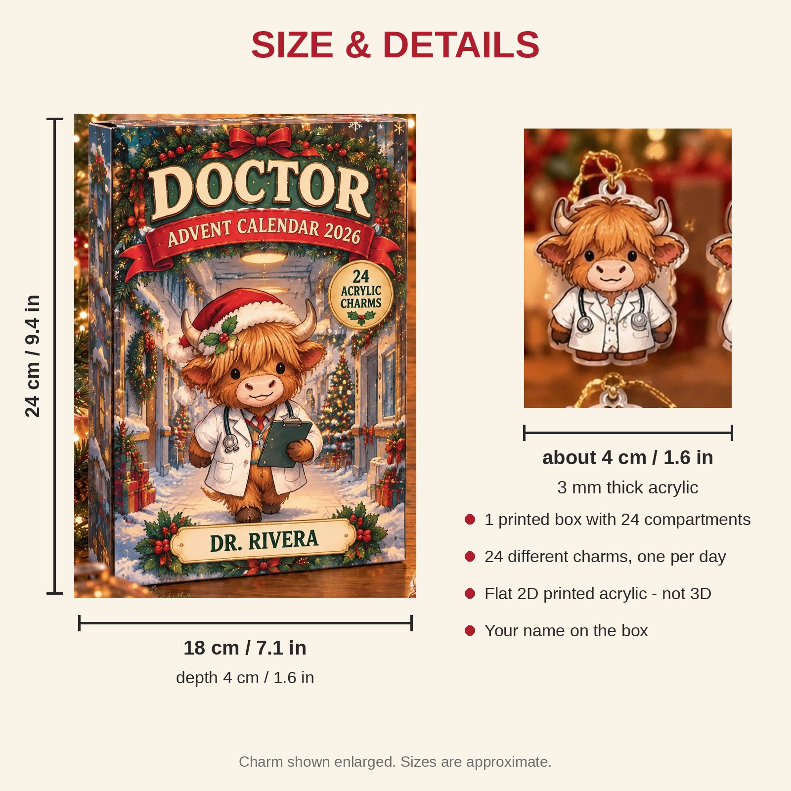 Personalized Doctor Highland Cow advent calendar box with 24 flat acrylic Christmas charms: box and charm sizes