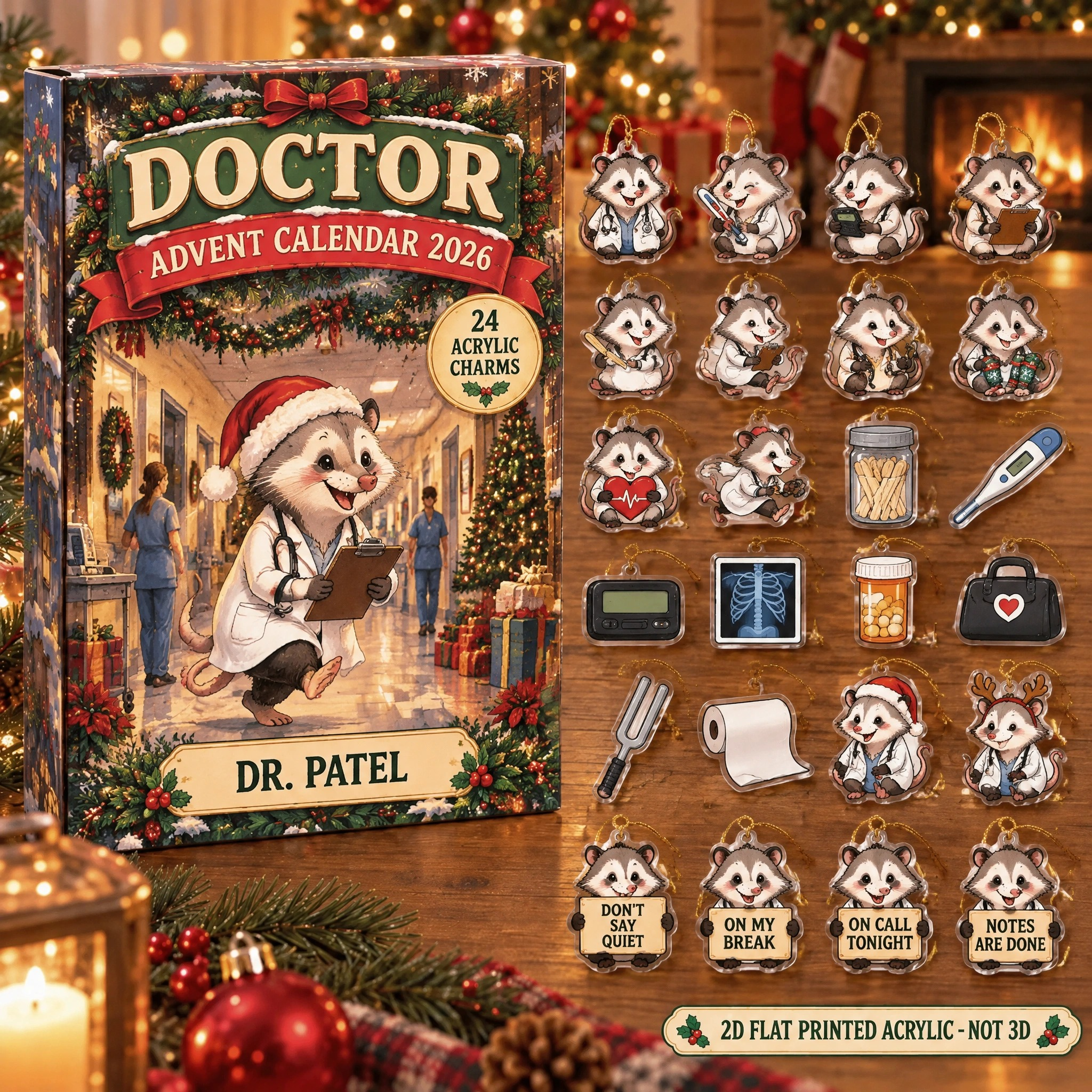 Personalized Doctor Opossum advent calendar box with 24 flat acrylic Christmas charms