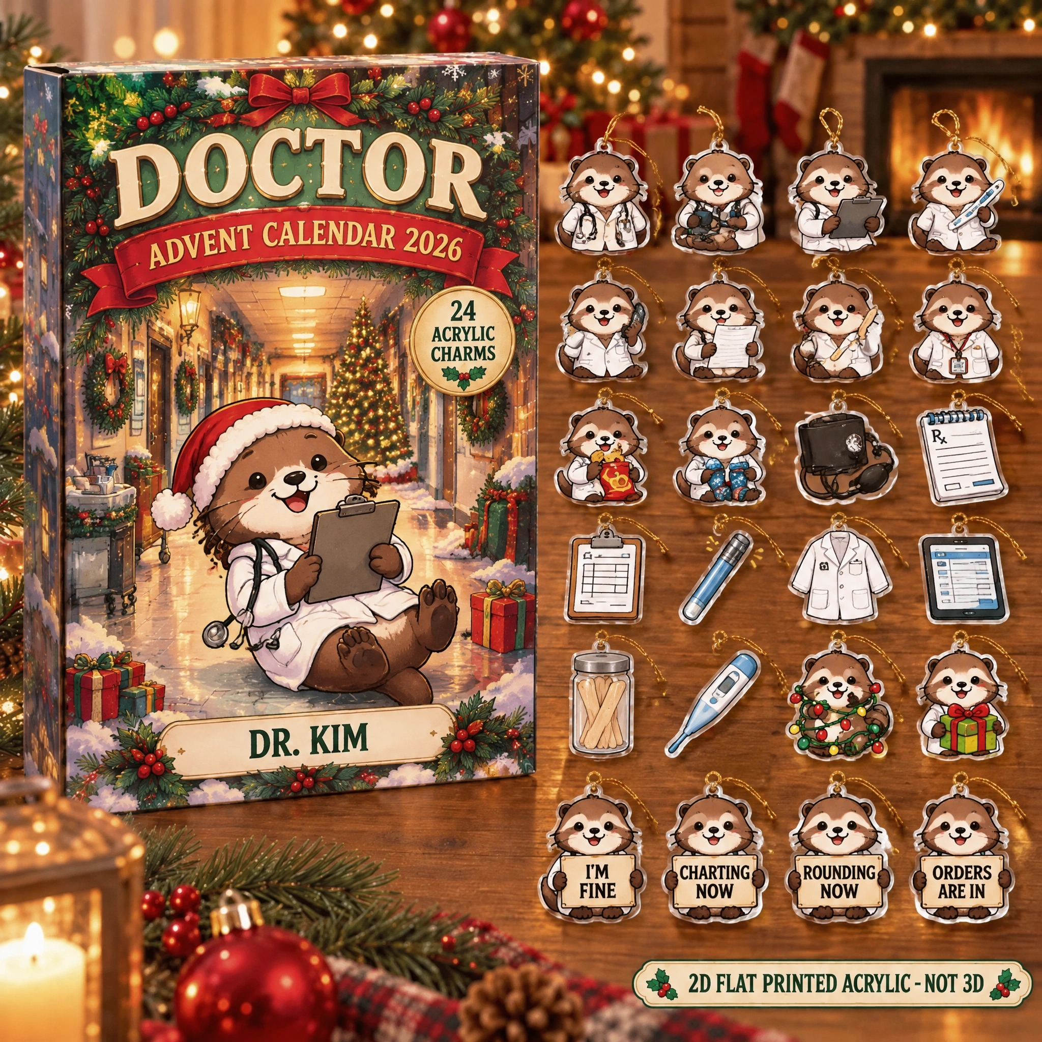 Personalized Doctor Otter advent calendar box with 24 flat acrylic Christmas charms