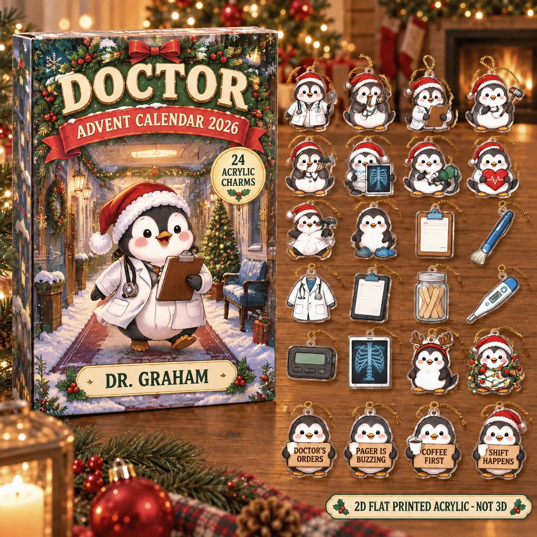 Personalized Doctor Penguin advent calendar box with 24 flat acrylic Christmas charms