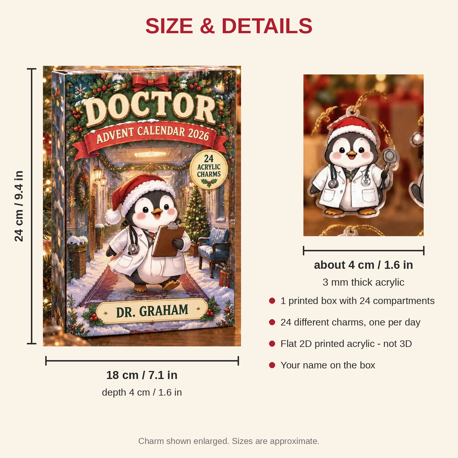 Personalized Doctor Penguin advent calendar box with 24 flat acrylic Christmas charms: box and charm sizes