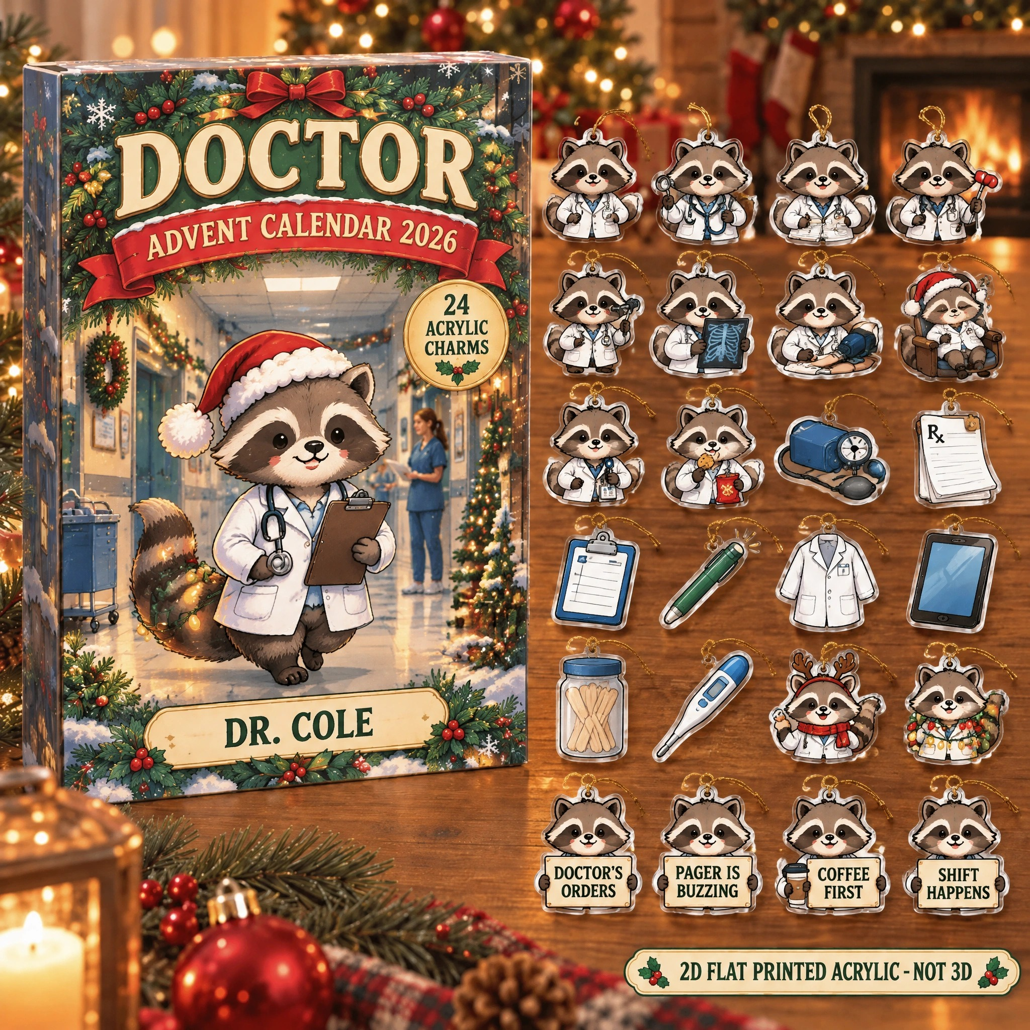 Personalized Doctor Raccoon advent calendar box with 24 flat acrylic Christmas charms