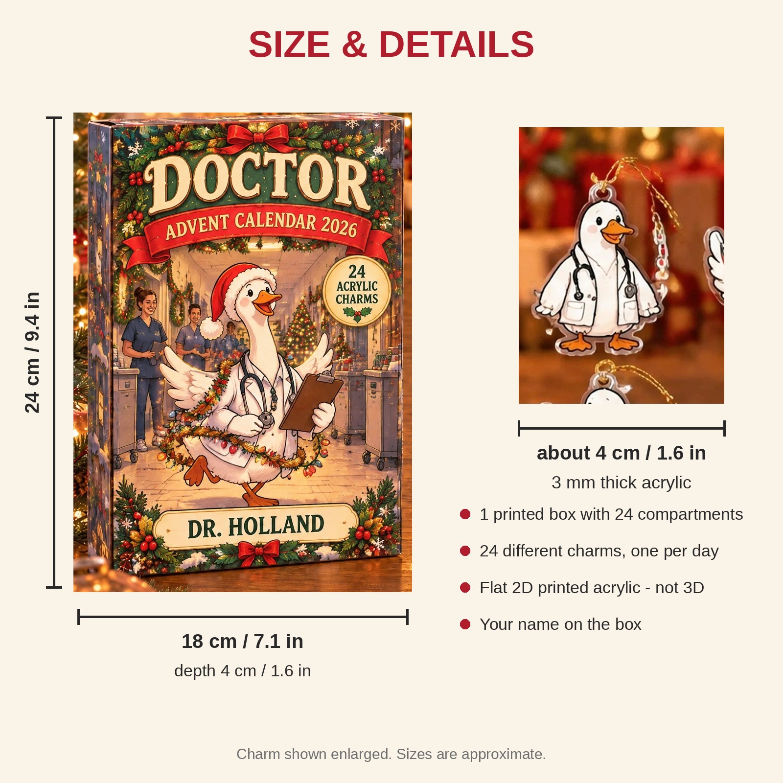 Personalized Doctor Silly Goose advent calendar box with 24 flat acrylic Christmas charms: box and charm sizes