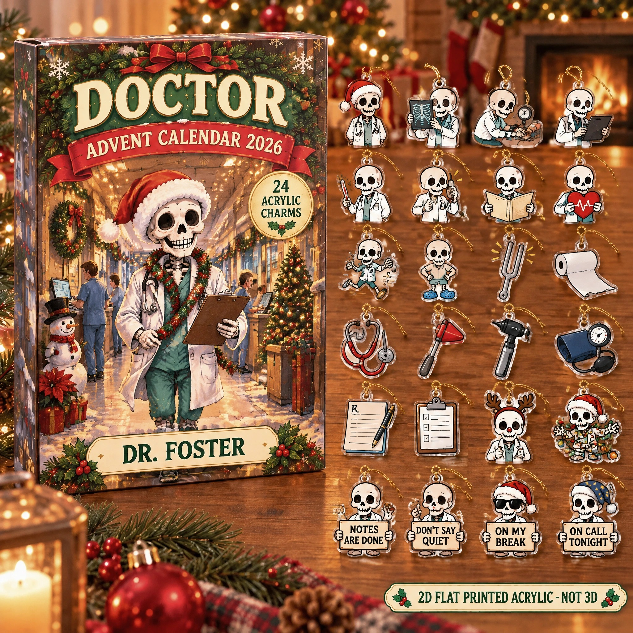 Personalized Doctor Skeleton advent calendar box with 24 flat acrylic Christmas charms